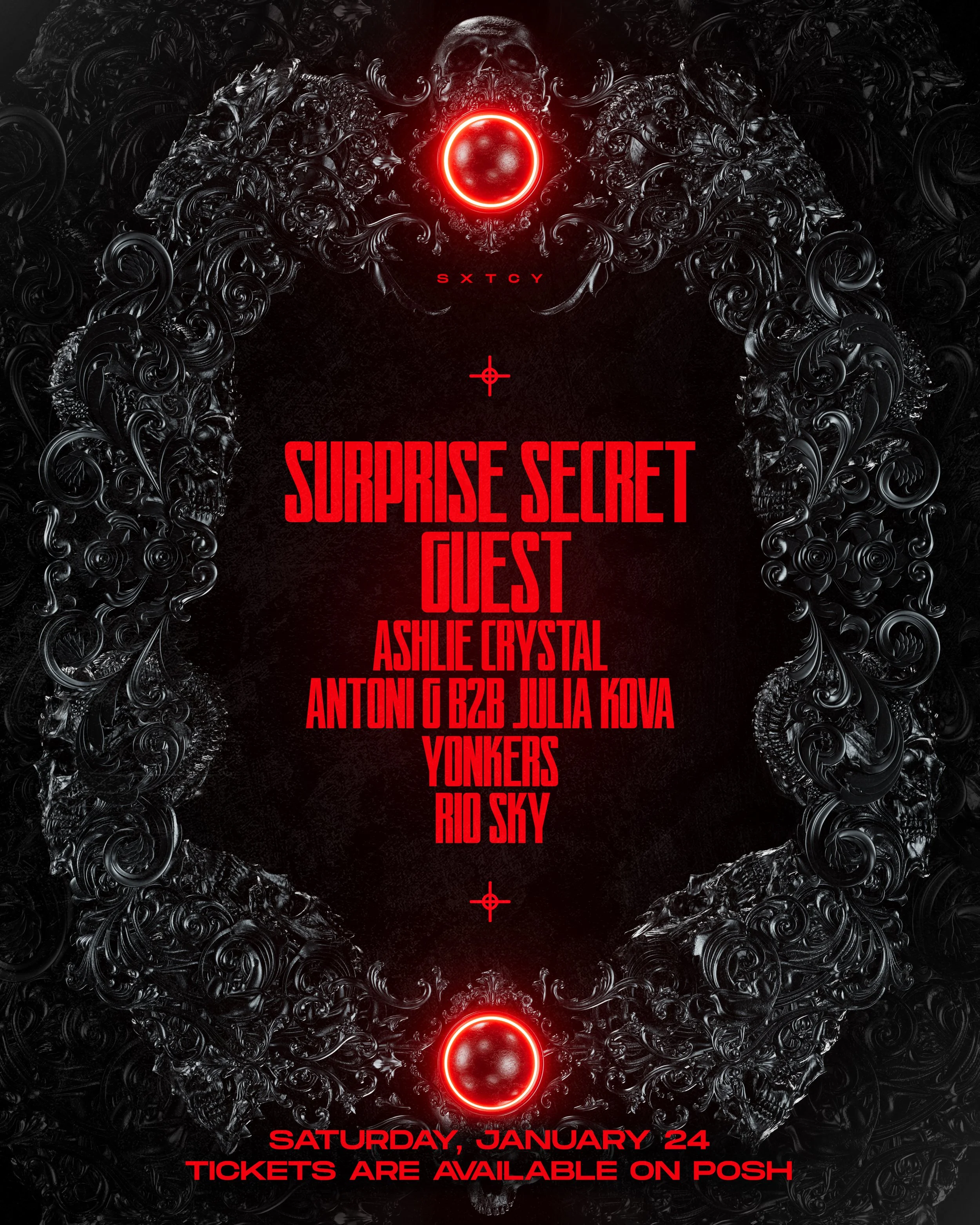 Dark, ornate poster for a surprise secret guest event with red text and skull motifs, featuring a date of Saturday, January 24, and ticket information.