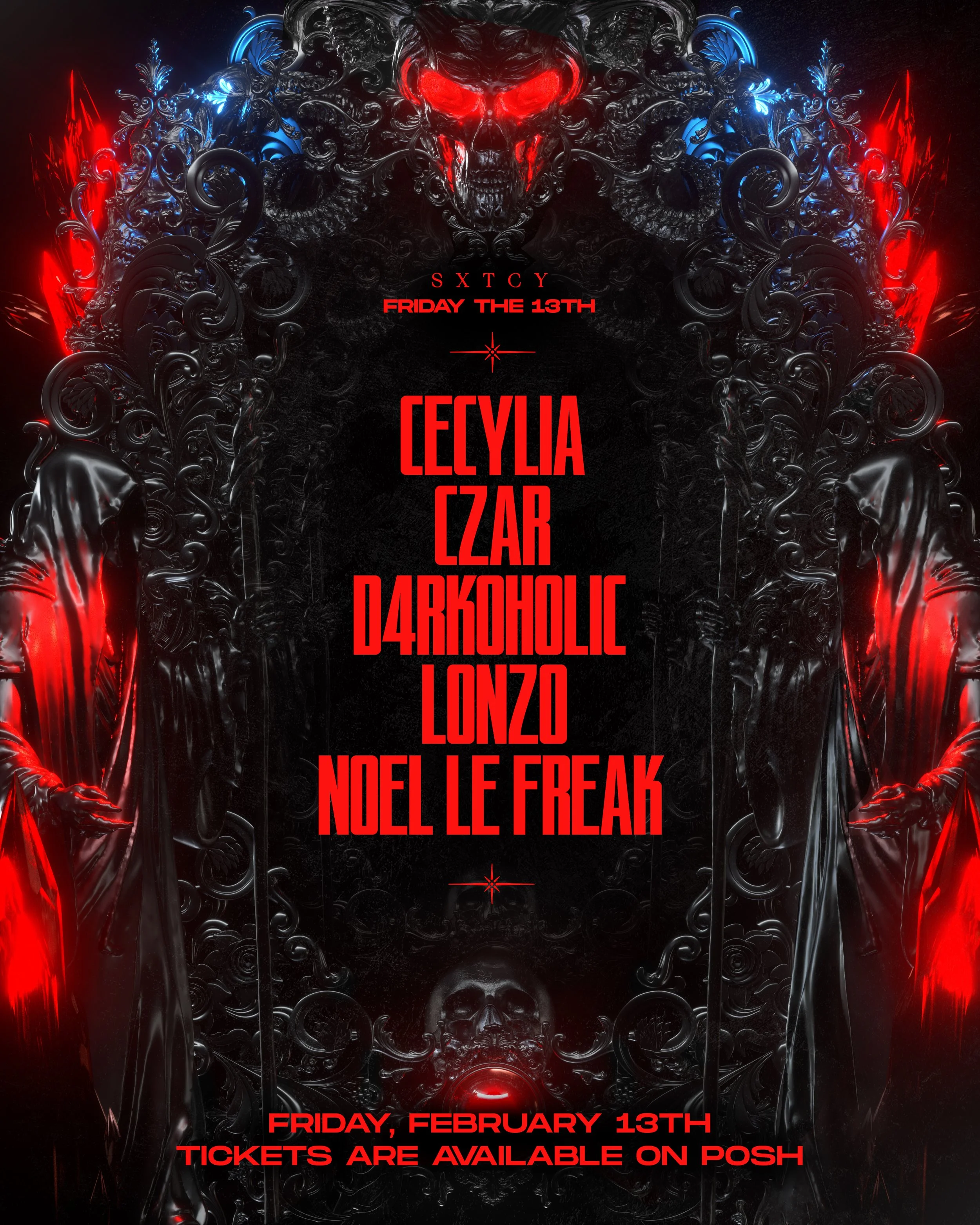 Dark, gothic-themed poster advertising a music event with a black background, gothic statues, skulls, and red accents. Red text announces the event and performers.