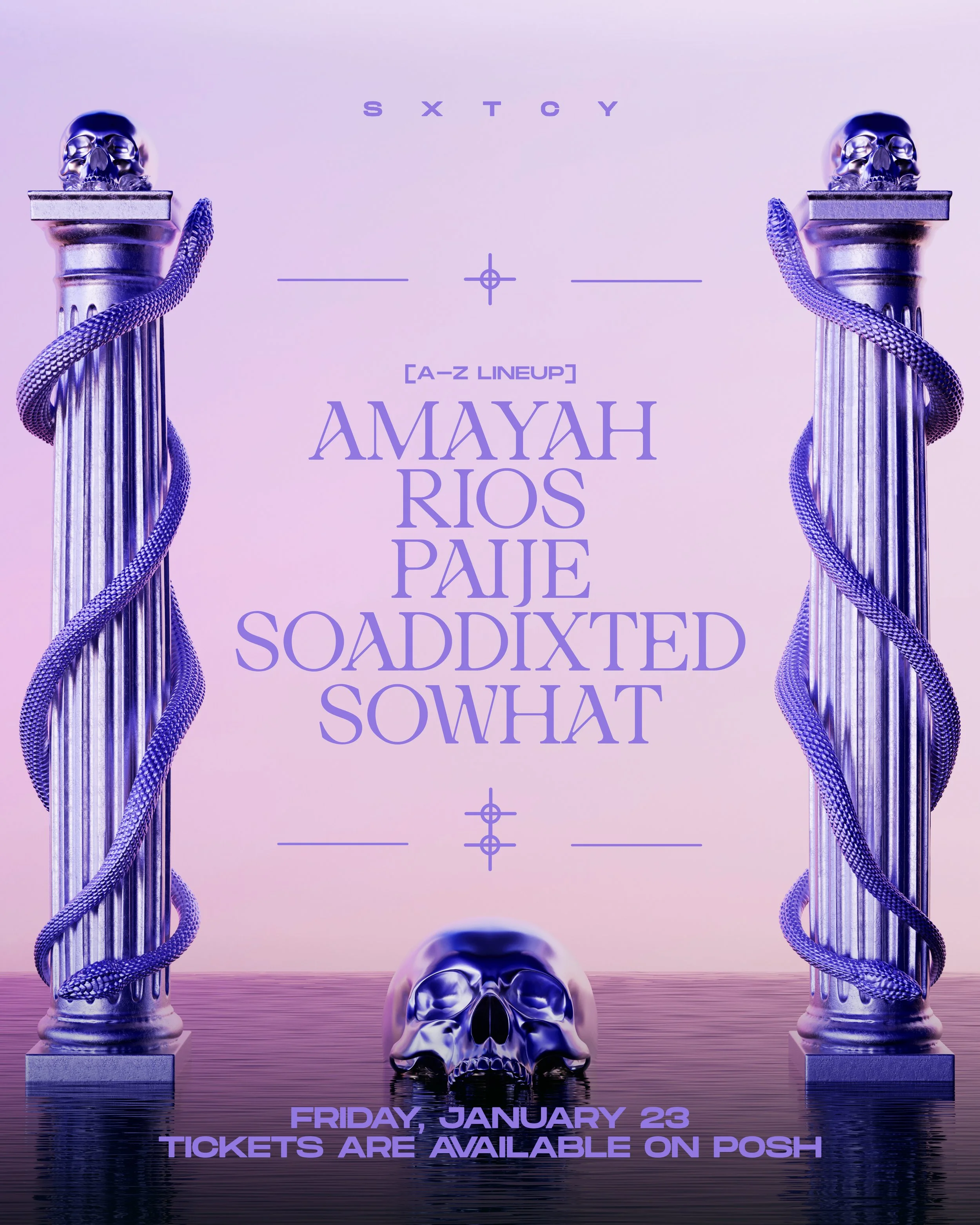 A digital event poster with a purple background features two classical columns with purple snakes wrapped around them, topped with metallic skulls. A metallic skull is positioned at the bottom, and the text lists a lineup of performers and event deta
