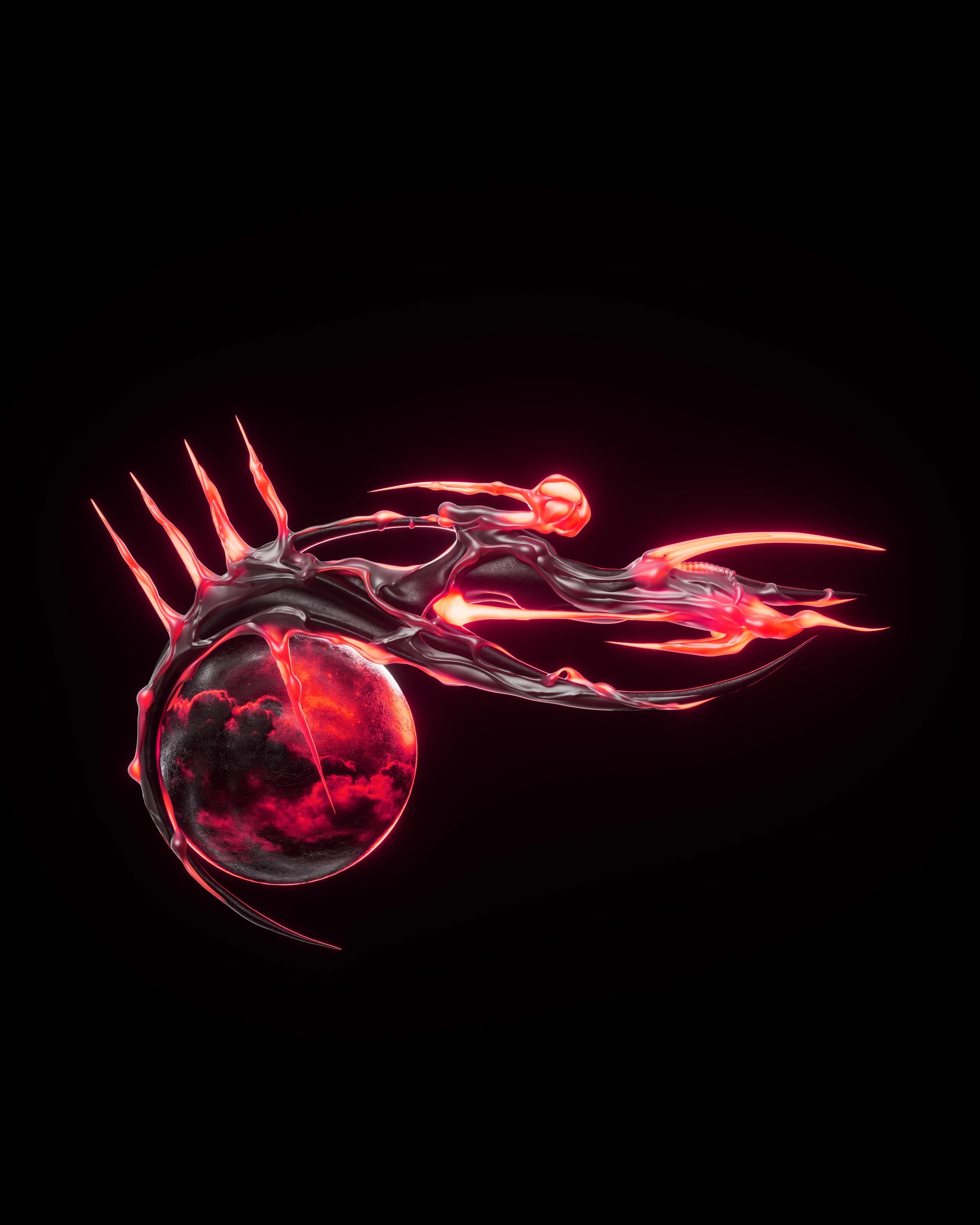 A digital artwork of a stylized creature resembling a dragon or fiery serpent with glowing red and black elements, a spherical core with a cloudy sky inside, and sharp spines, against a black background.