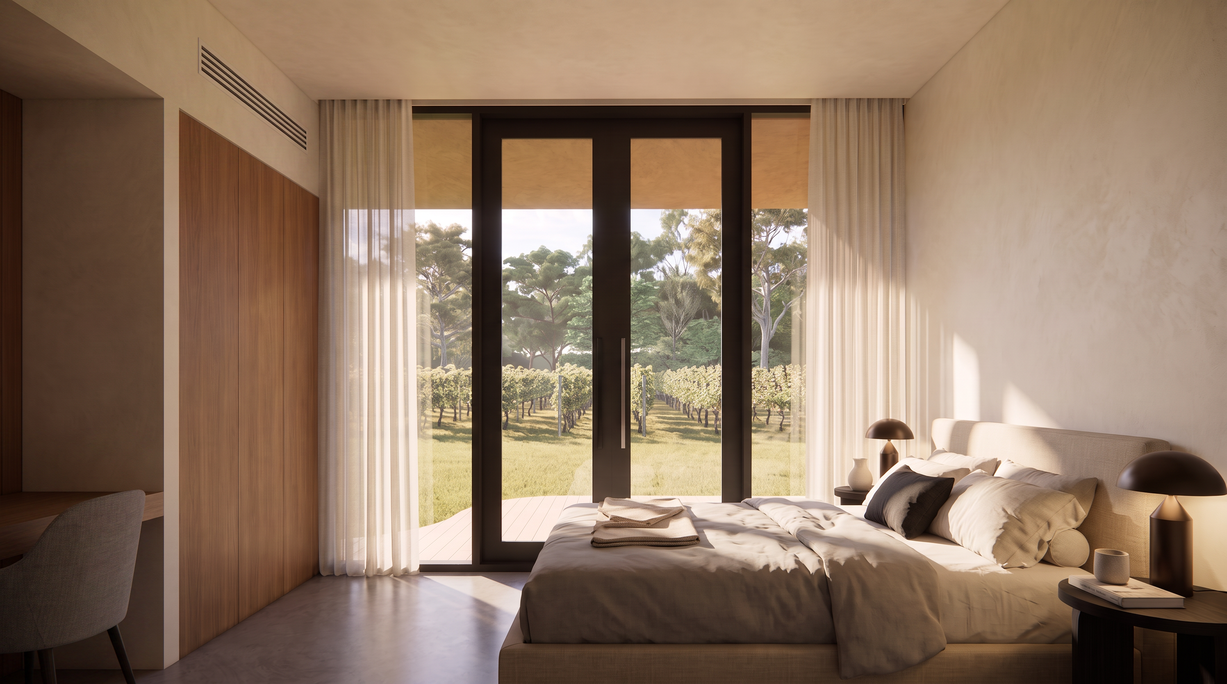 Sabella House bedroom framing views across the South West landscape