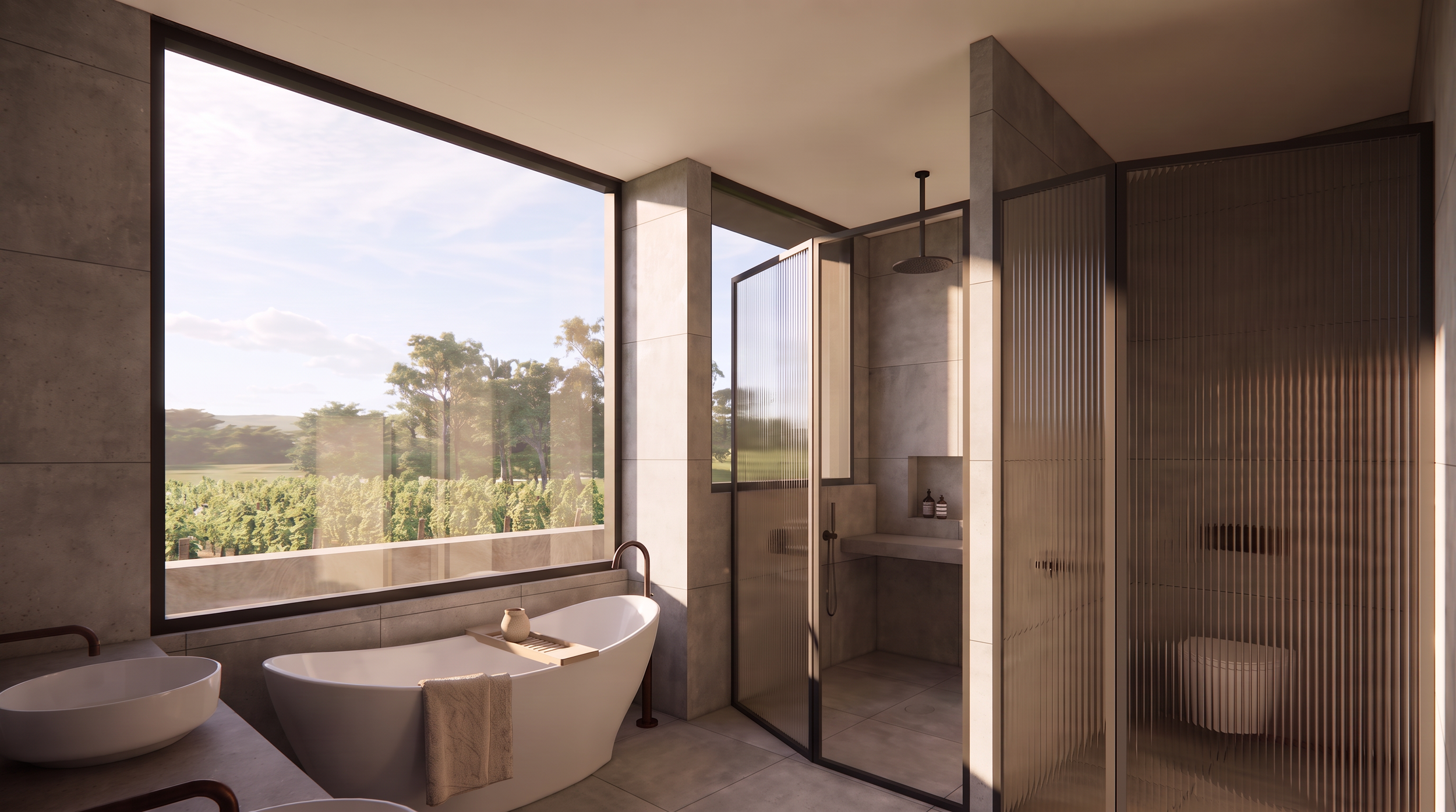 Contemporary rural bathroom with views across the Metricup property