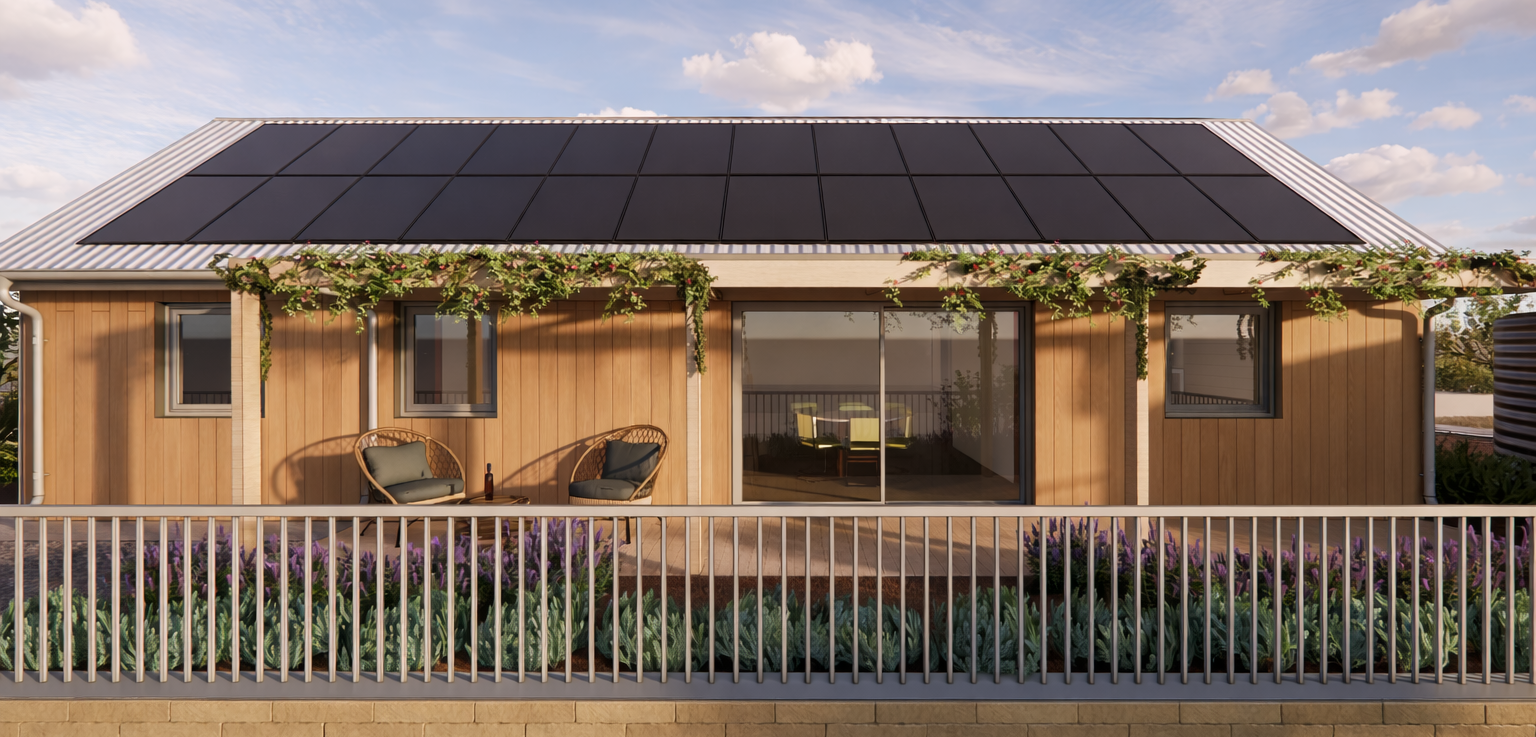 Passive House–inspired design featuring solar shading and airtight construction