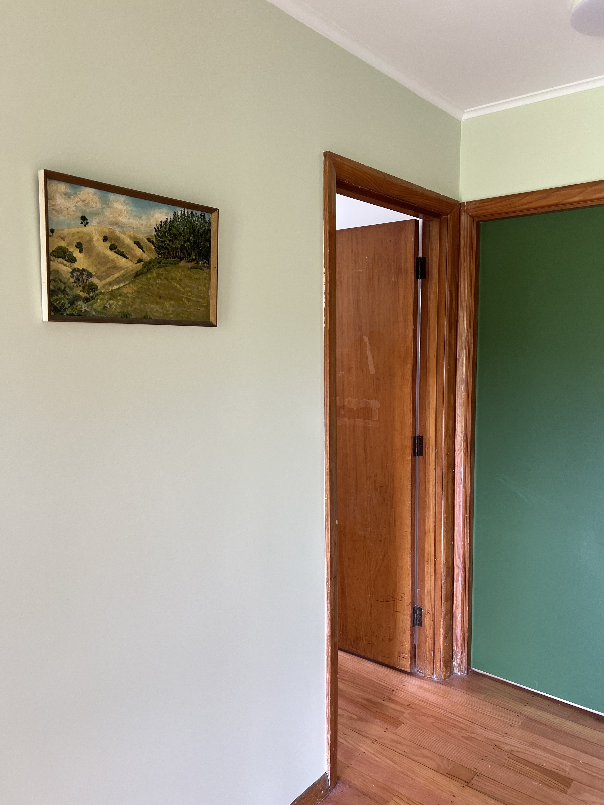 Interior view of a house showing two rooms with green walls, one with a lighter shade and the other with a darker shade. There is a wooden door slightly open, leading to the darker room. A small framed landscape painting hangs on the lighter green wa