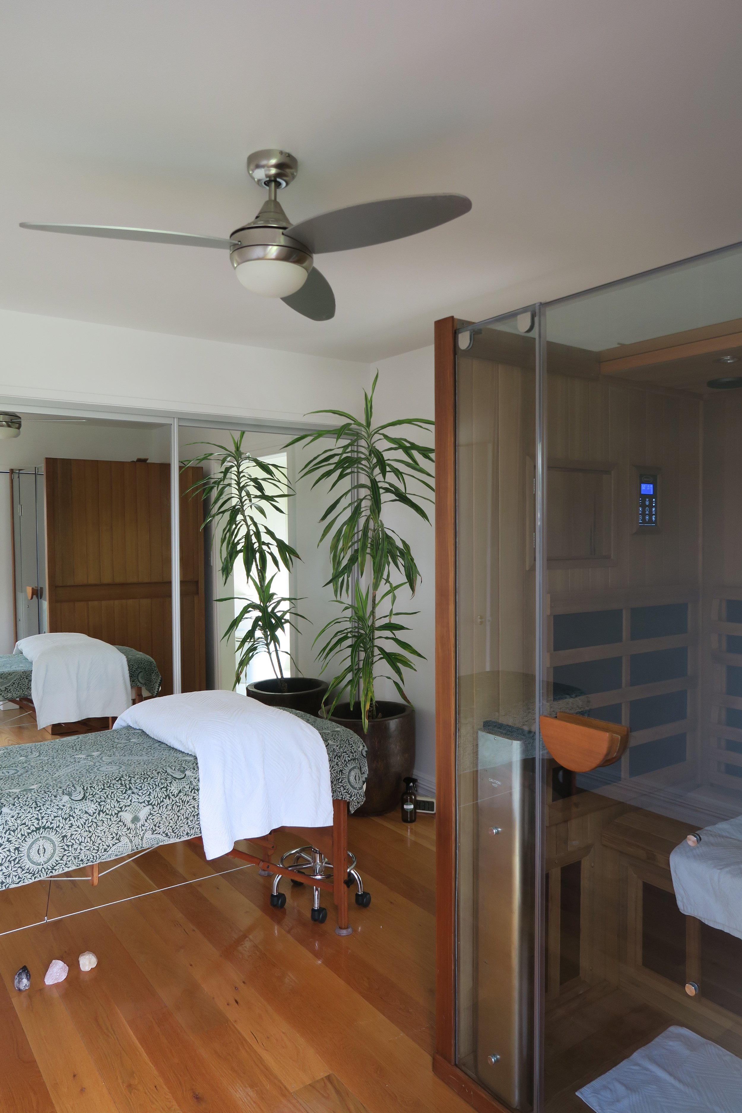 A room with two massage beds, large potted plants, a mirrored wall, and a wooden sauna with glass door.