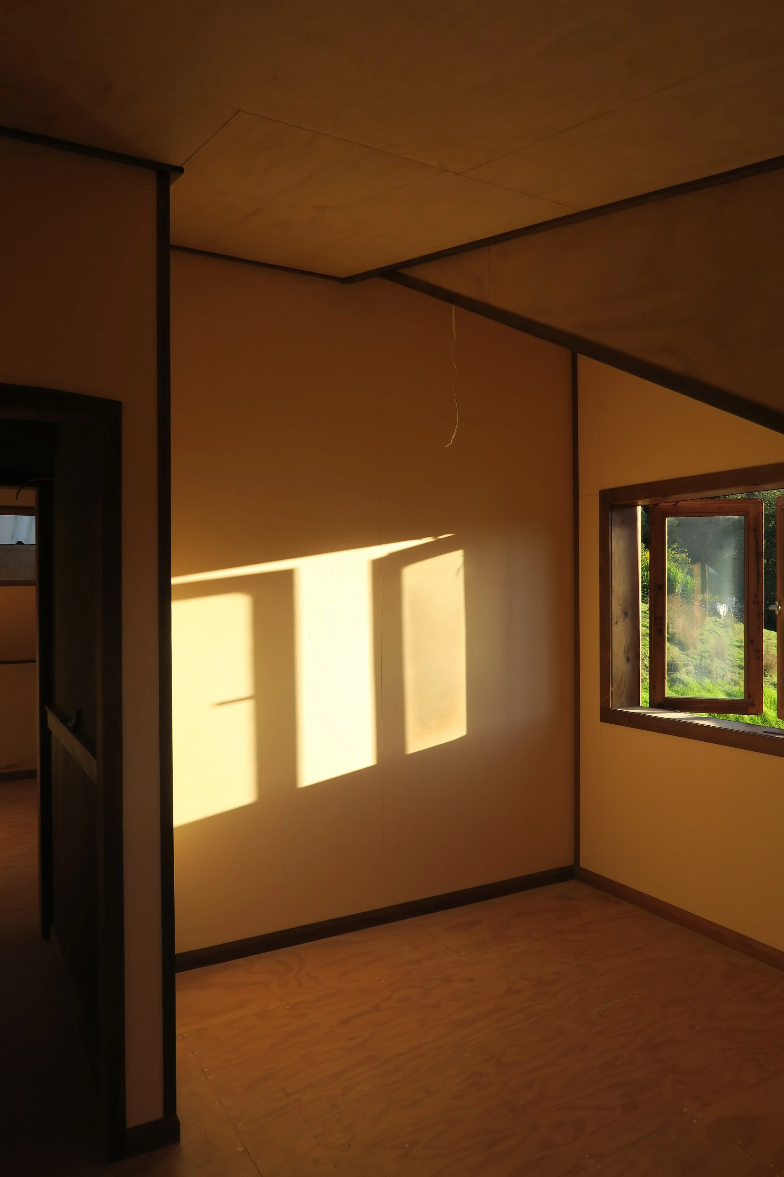 Sunlight casting shadows through a window on a beige wall in a room with a wooden floor and an open window showing greenery outside.