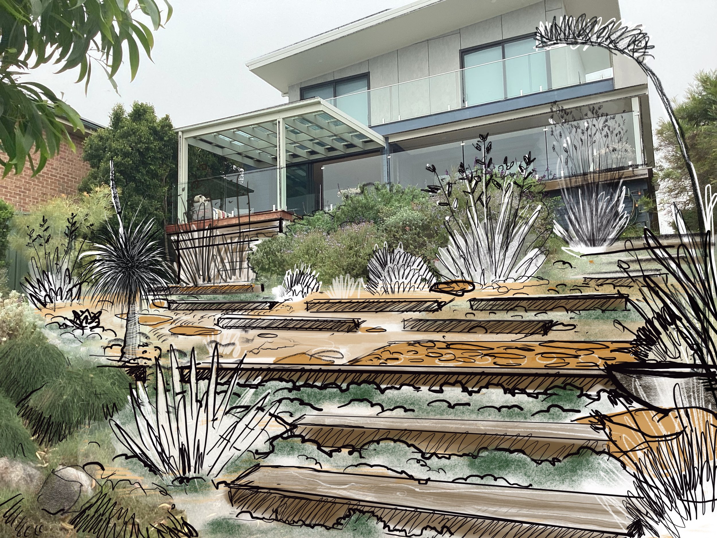 Garden makeover, Hand drawing, coastal garden