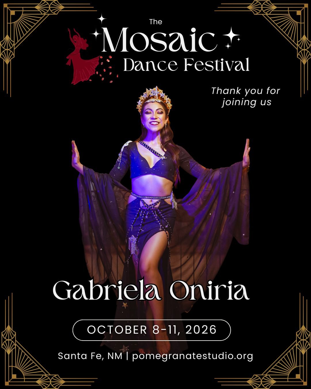 We are grateful to welcome Gabriela Oniria, a talented dancer from Mexico, in celebrating Pomegranate Studios 30th Anniversary!! We look forward to dancing with you!

For More Info on this event visit or to sign up to join us.....
please visit: pomeg