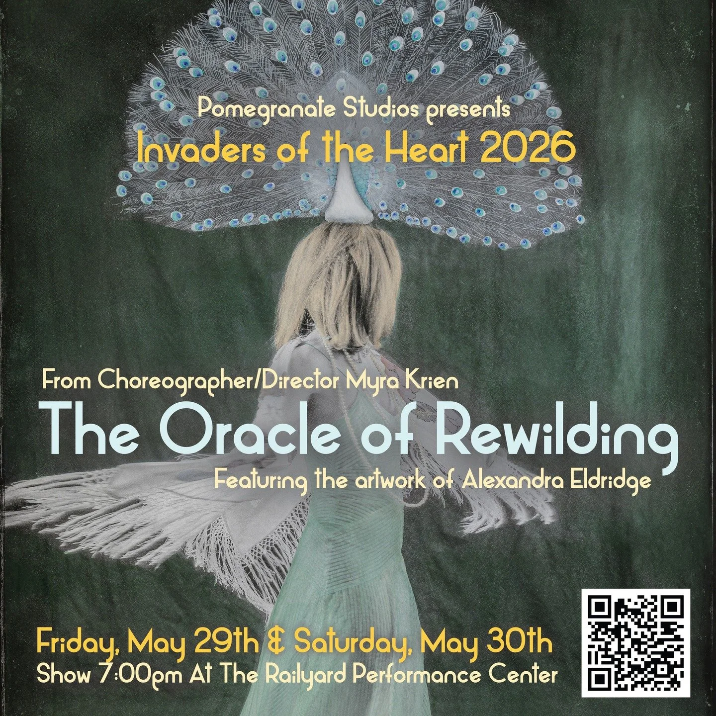 We are very excited to announce our 2026 multimedia theatrical dance production, Invaders of the Heart 2026: The Oracle of Rewilding. From choreographer and director Myra Krien, this performance features the visionary artwork of Alexandra Eldridge fr