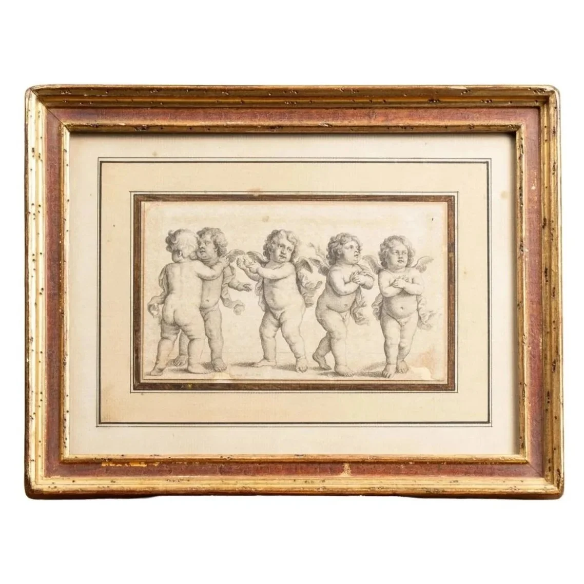 A FRAMED ENGRAVING OF FOUR PUTTI