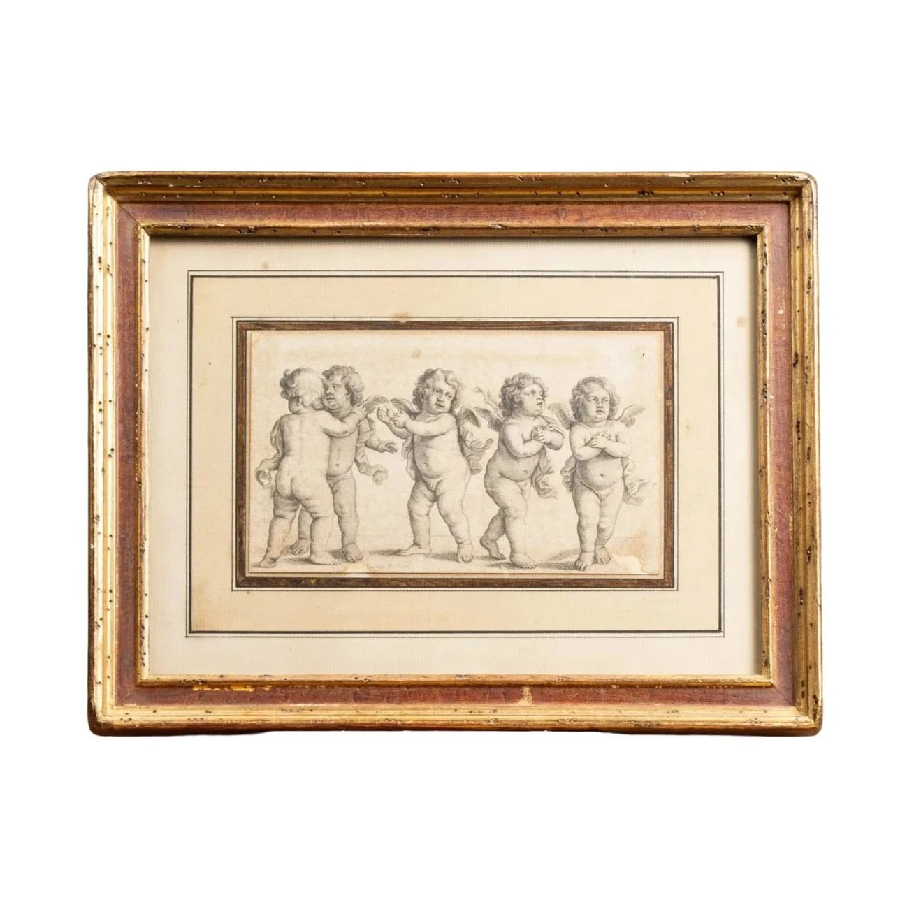 A FRAMED ENGRAVING OF FOUR PUTTI