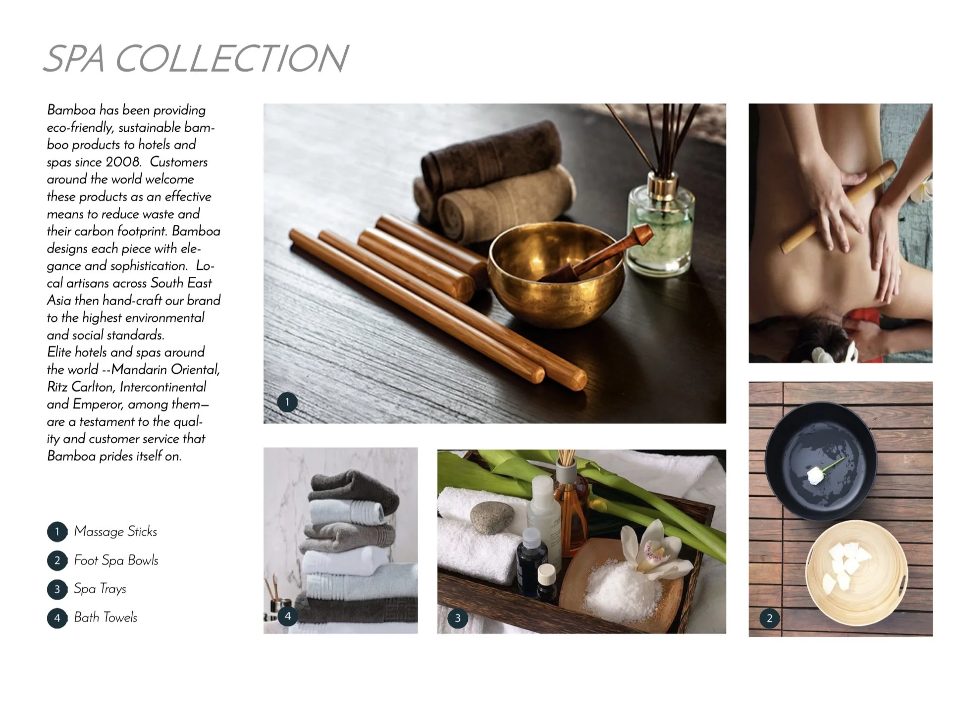 A page from a spa catalog showing bamboo massage sticks, foot spa bowls, spa trays, and bath towels.