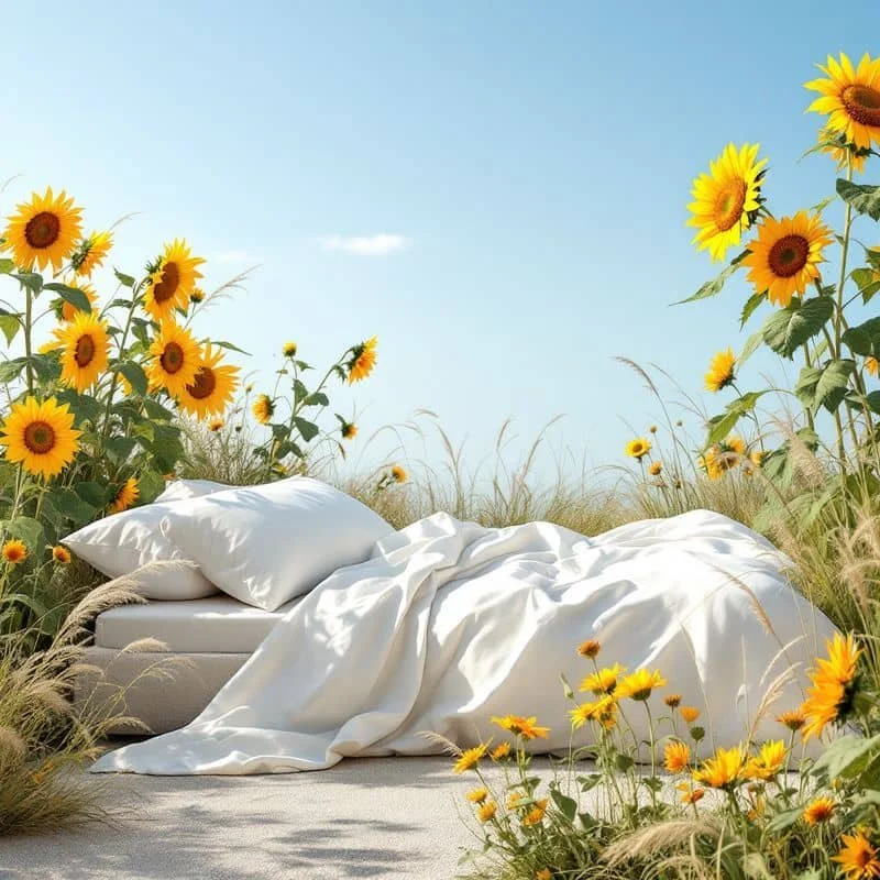 A bed with white linens in a field of sunflowers under a clear blue sky.