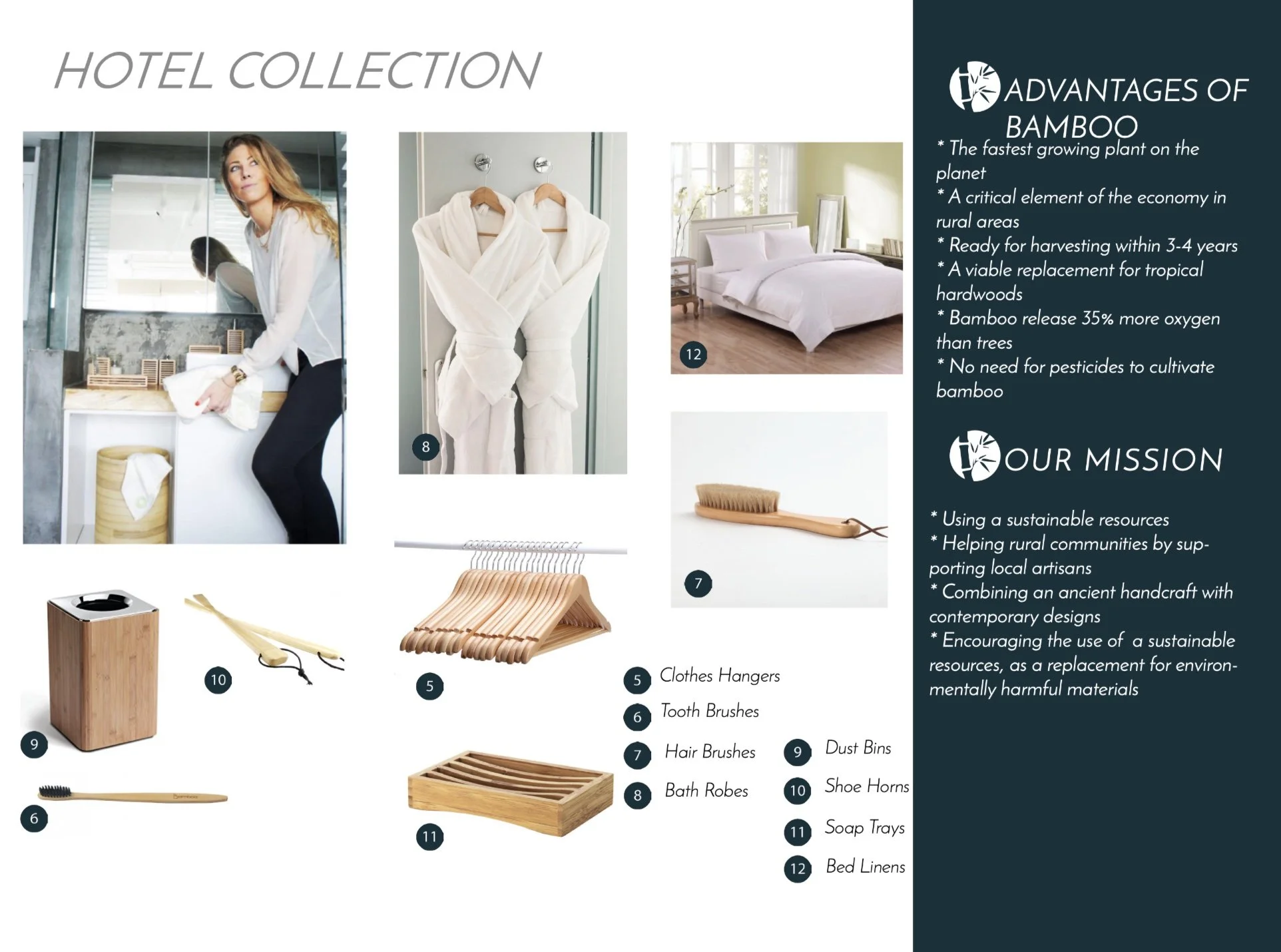 A hotel room with a bed and white linens, a woman in a white shirt and black pants loading laundry into a basket, and various wooden items including bathrobes, a clothes hanger, a tooth brush, a hair brush, dust bins, shoe horns, soap trays, and labels identifying the items.