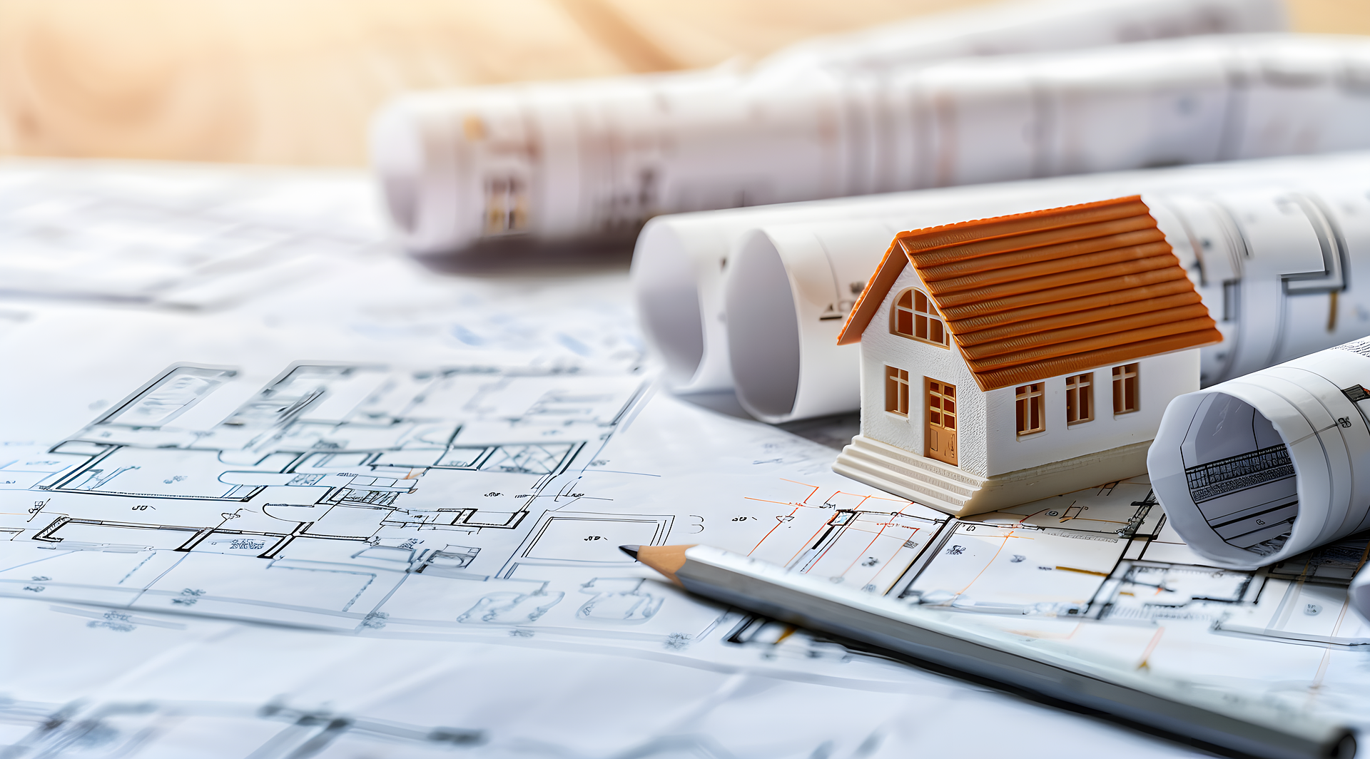 Architectural blueprints, rolled-up plans, a miniature house model, a pencil, and a calculator on a desk.