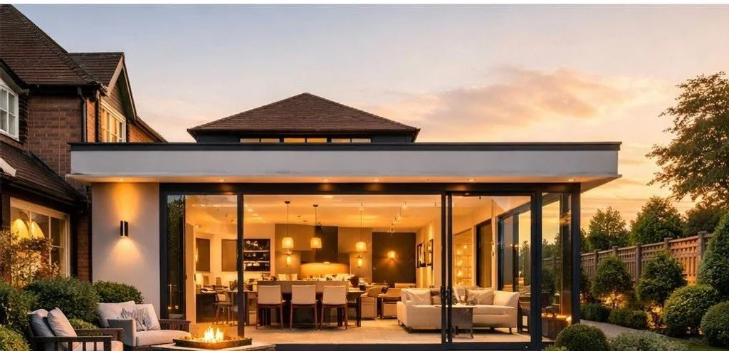Modern home with large glass doors open to an outdoor patio, showcasing a cozy seating area, a fire pit, and lush garden greenery at sunset.
