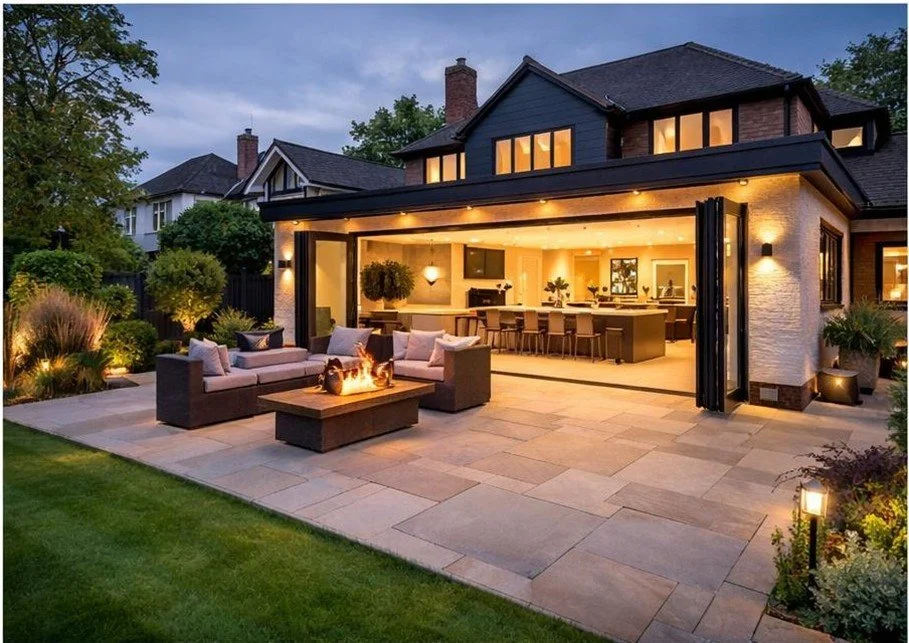 Modern house with an open patio, outdoor seating with a fire pit, and a view of the brightly lit interior kitchen at dusk.