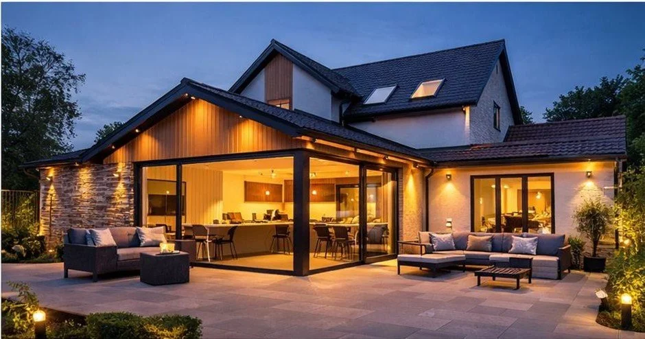 A modern house with large glass sliding doors, outdoor seating area, and warm lighting during evening. The house has multiple levels, a dark roof, and is surrounded by trees and landscaped yard.