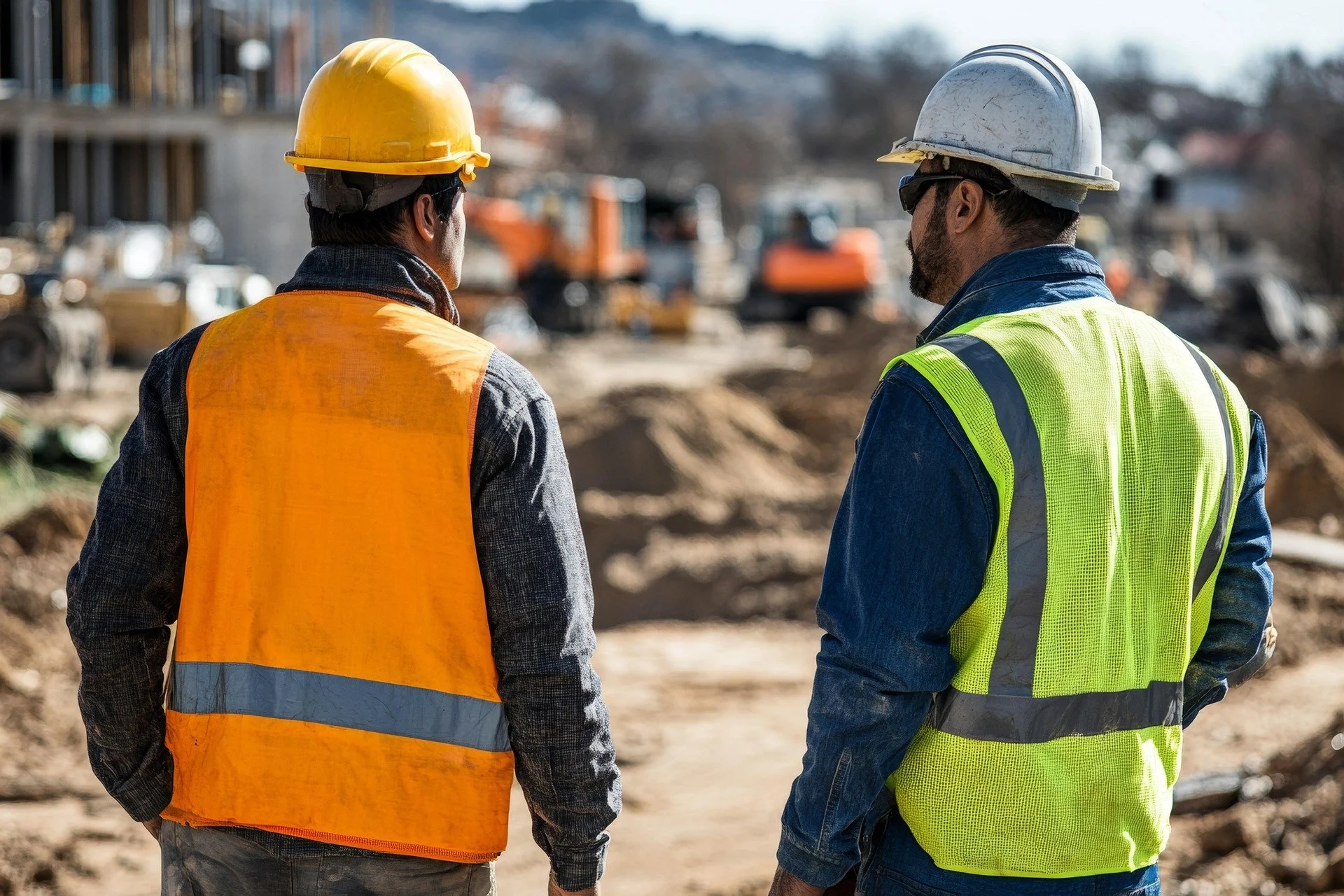 Two construction workers, one wearing a yellow hard hat and orange safety vest, the other wearing a white hard hat and neon green safety vest, standing on a construction site and talking to each other.
