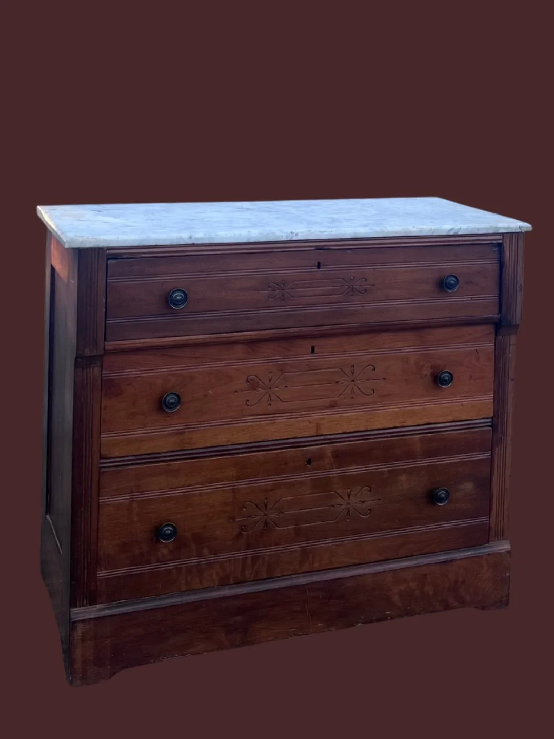 Vintage Chest with Marble Top
(SOLD)

This vintage three-drawer chest exemplifies period craftsmanship with its drawer-front carvings and thoughtfully proportioned design.

PRODUCT DETAILS
Dimensions: 39&rdquo; L &bull; 17&rdquo; W &bull; 32-1/2&rdqu
