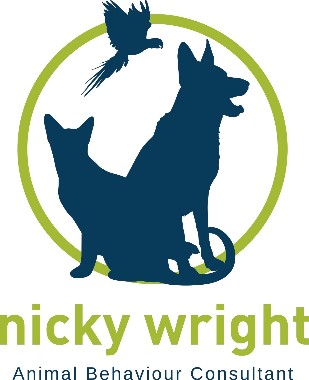 Logo featuring silhouettes of a bird, a cat, and a dog inside a green circle with the words "nicky wright" and "Animal Behaviour Consultant" beneath.