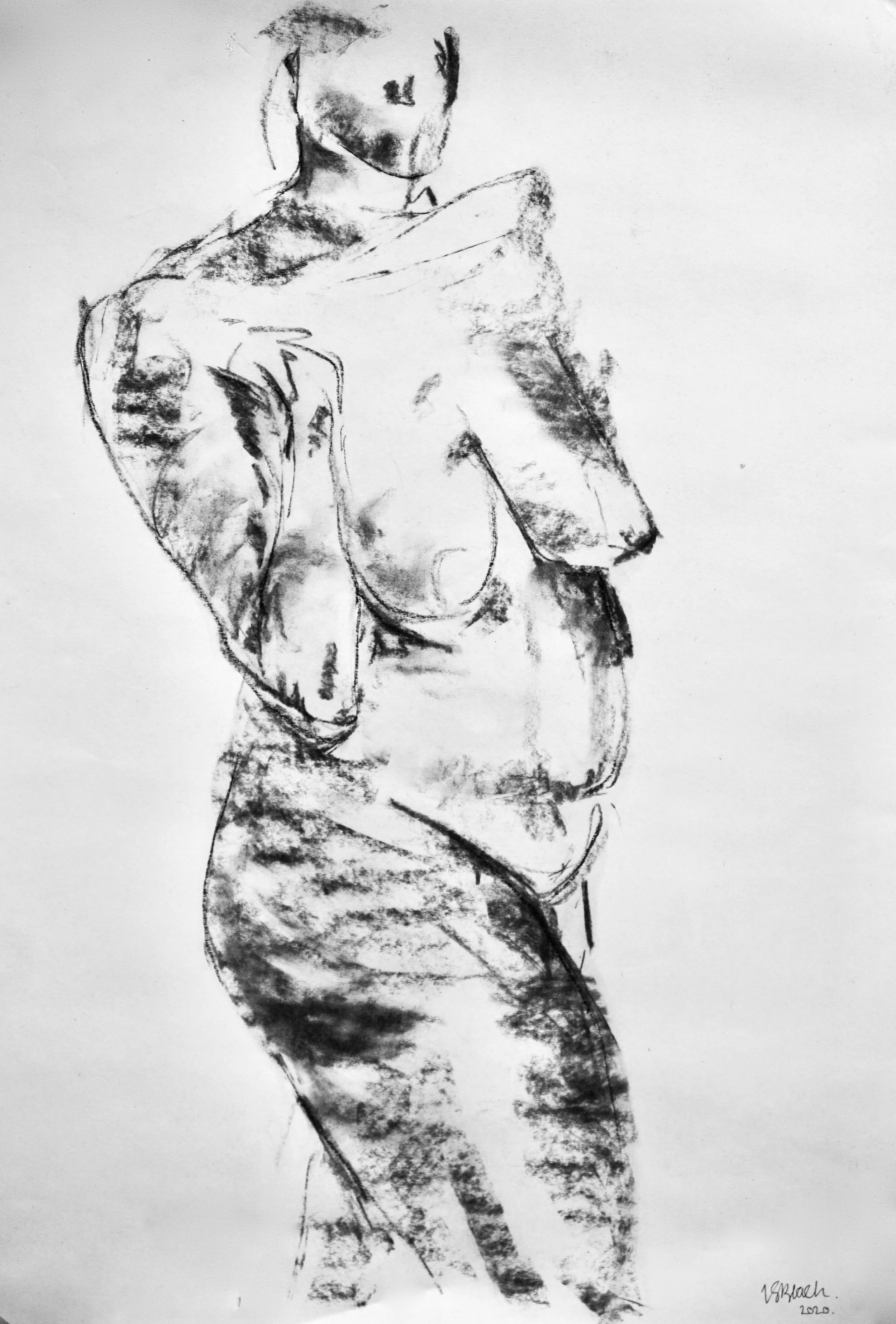 Charcoal life drawing focusing on the torso and arm