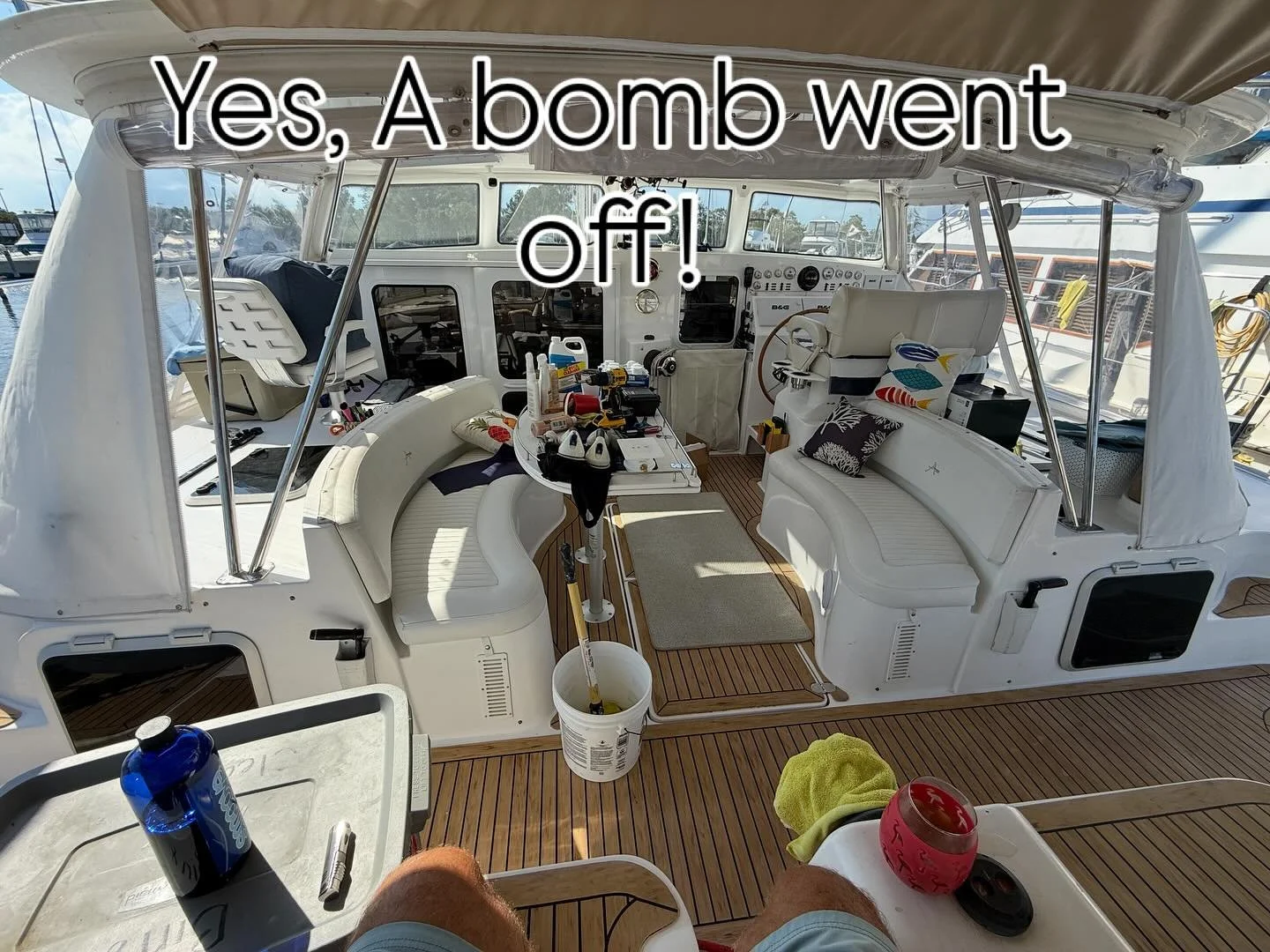 So I got the waterline, cleaned (On/Off), the dink bottom cleaned (On/Off), the decks cleaned (Smoove), & the teak bleached (Dawn Powerwash Dish Spay) and clean (pressure washer)… now all that’s left is cleaning the windows, treating