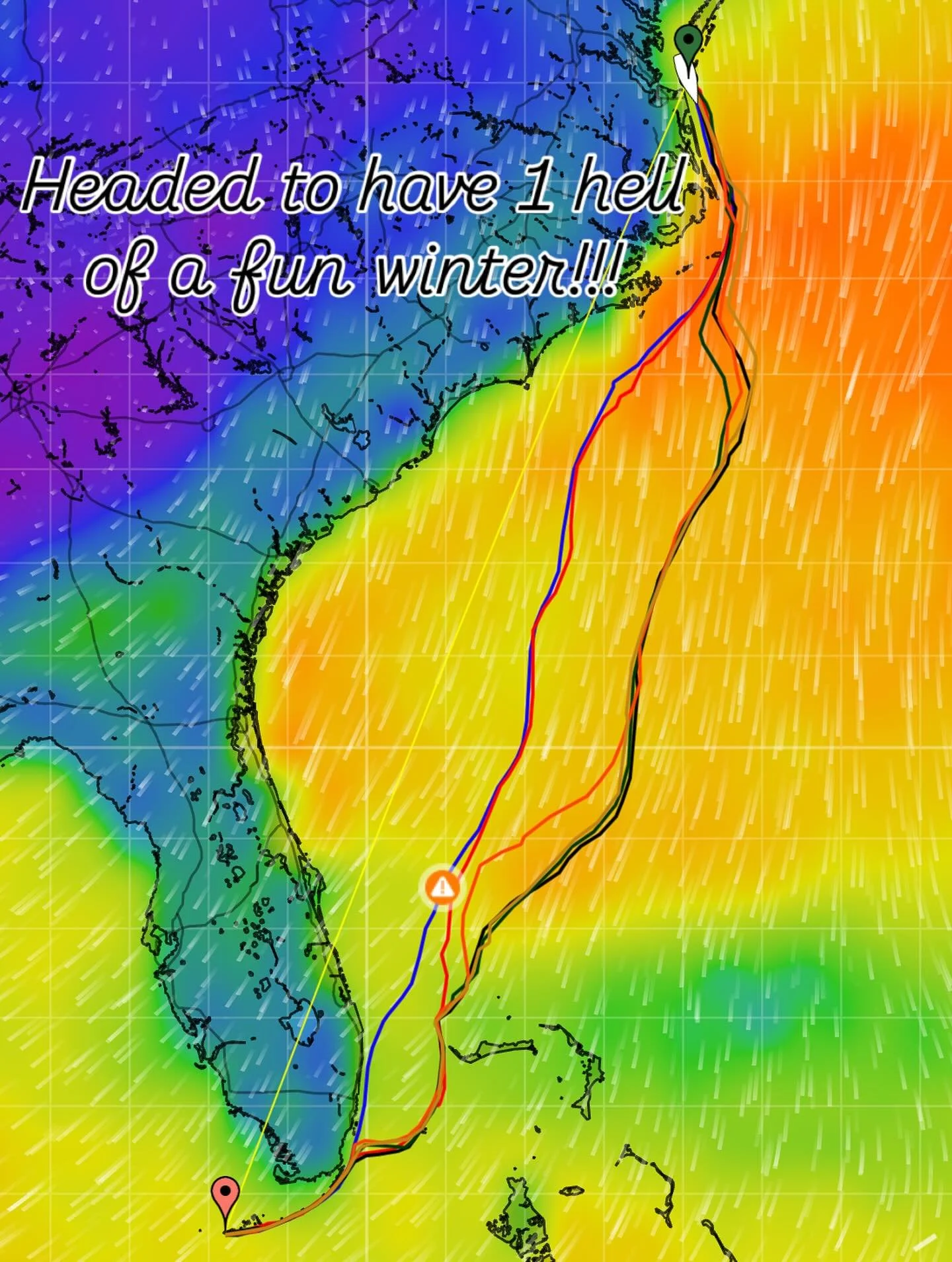 Our plan is to head outside tomorrow, around Cape Hatteras and then straight to KW. ETA is next Wednesday the 21st
 
Can Track via this link&hellip;will have Starlink running the whole time.
https://forecast.predictwind.com/tracking/display/OhanaSY/
