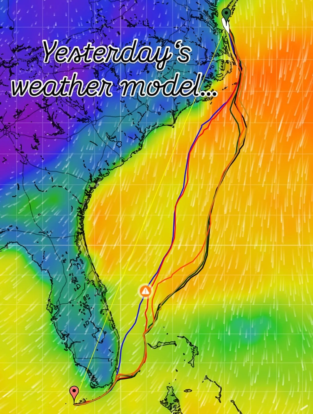 Interesting how one day changes things. As you get closer to the day of passage, the weather models all coincide with each other, confirming what the weather will really be.
.
The first picture we ran yesterday and as you see, there was a lot of diff