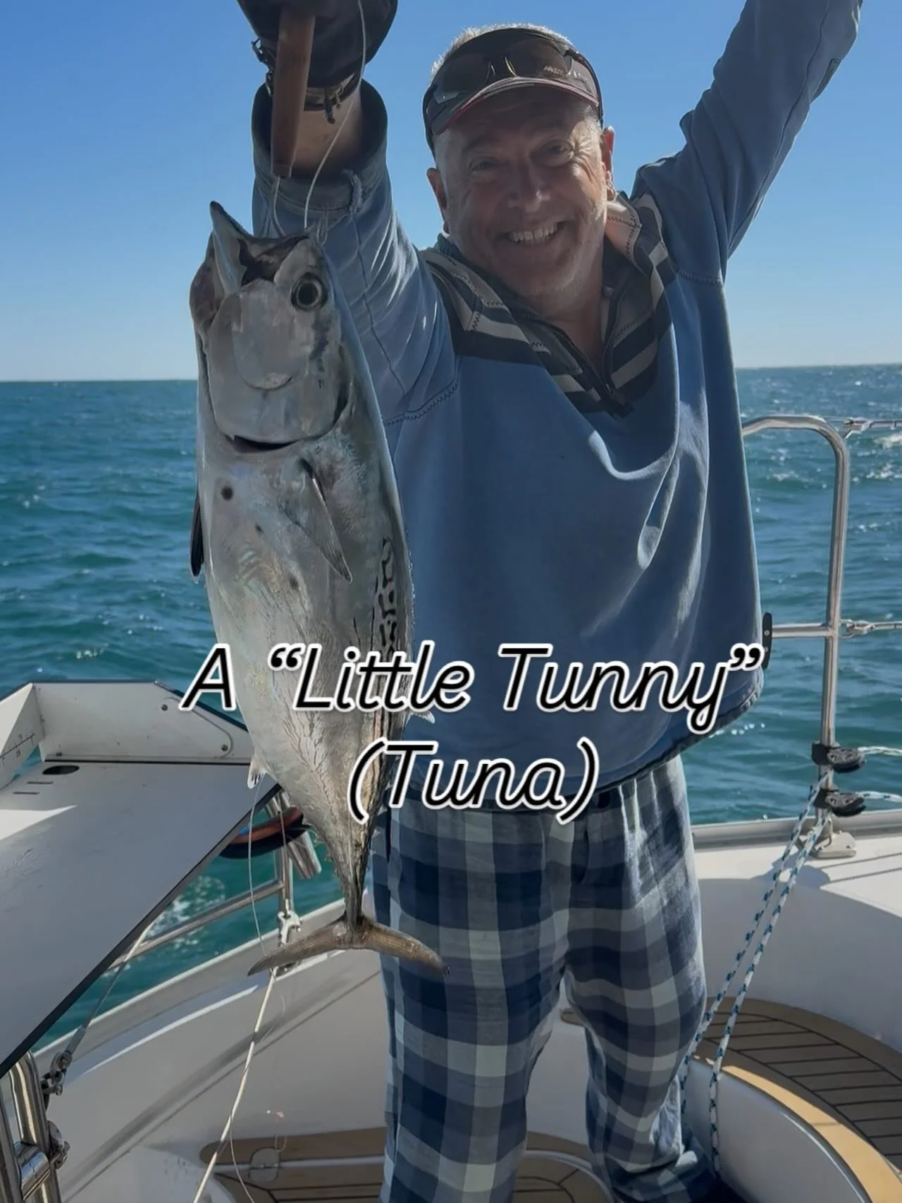 Our first fish! A &ldquo;Little Tunny&rdquo; (Tuna) 50 miles off coast of South Carolina.
.
No size limit so we are eating it!
(Yes, I&rsquo;m still in my PJ&rsquo;s!)