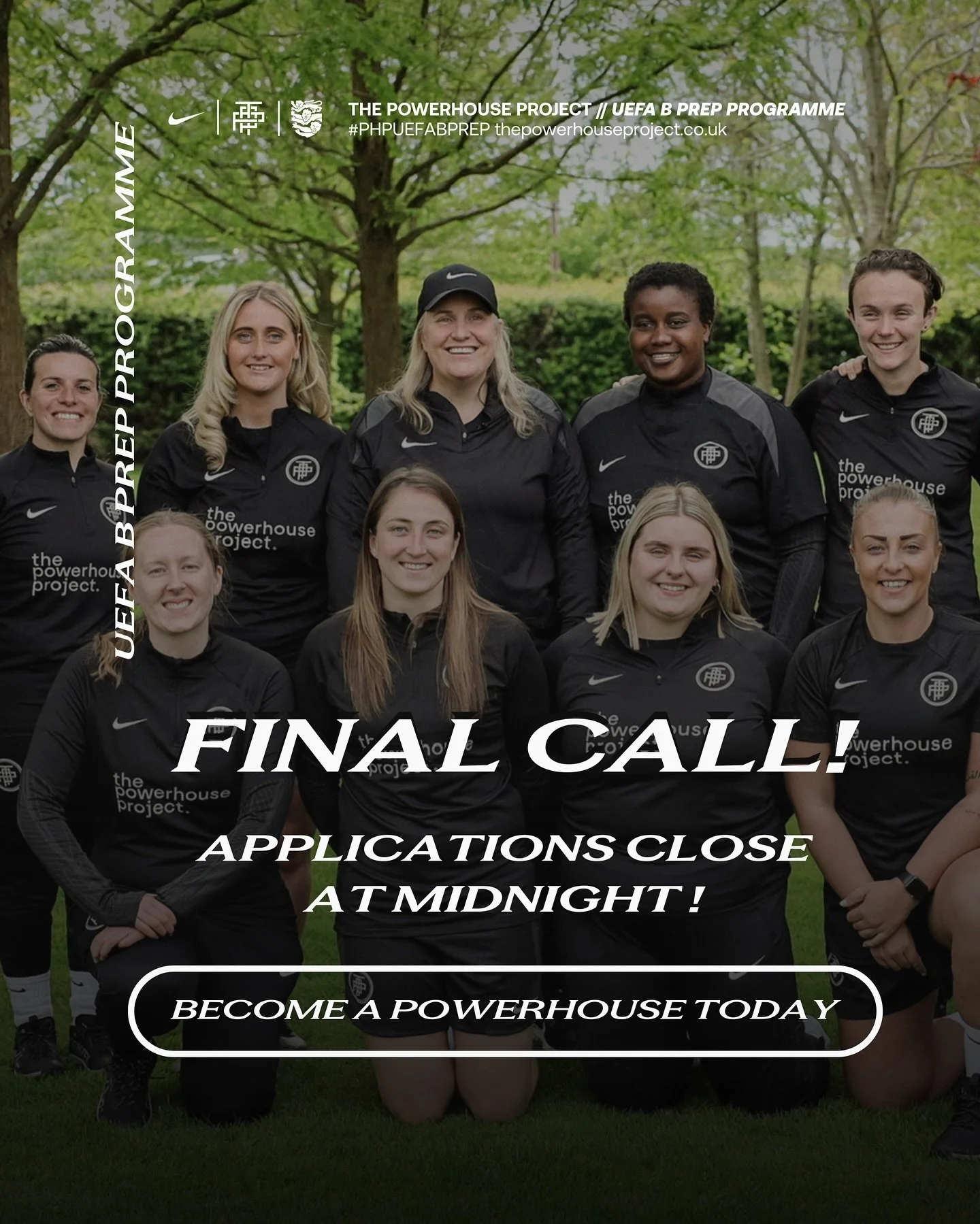 🚨 Aspiring female coaches!

Applications for the UEFA B Prep Programme close at midnight tonight! ⏰

This is your moment, take the step forward to your future with The Powerhouse Project and beyond! 

🔗 Head to the link in our bio to apply. 

Good 