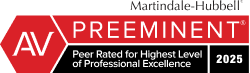 Red and black rectangular sign displaying 'AV PREEMINENT Peer Rated for Highest Level of Professional Excellence 2025'