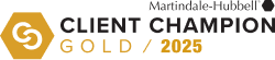 Gold and black graphic celebrating the 2025 Client Champion Award from Martindale-Hubbell