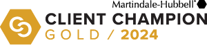 Gold and black graphic design with text reading 'Martindale-Hubbell Client Champion Gold/2024'