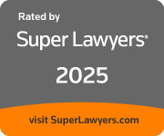 Gray background with the text 'Rated by Super Lawyers’ 2025' and an orange banner that says 'visit SuperLawyers.com'