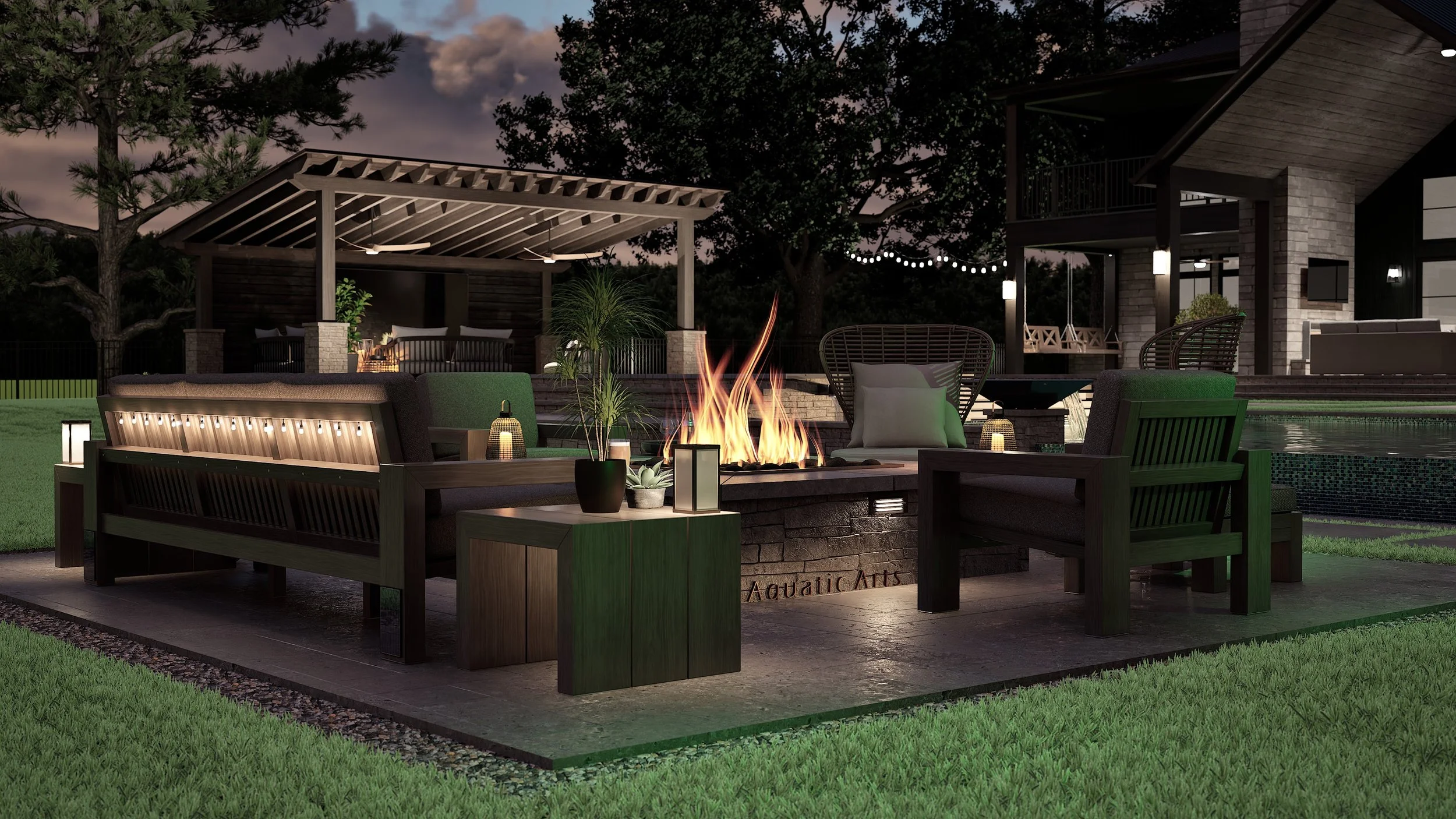 Outdoor patio seating with a fire pit, surrounded by chairs and cushions, with string lights, trees, and a house in the background at dusk.