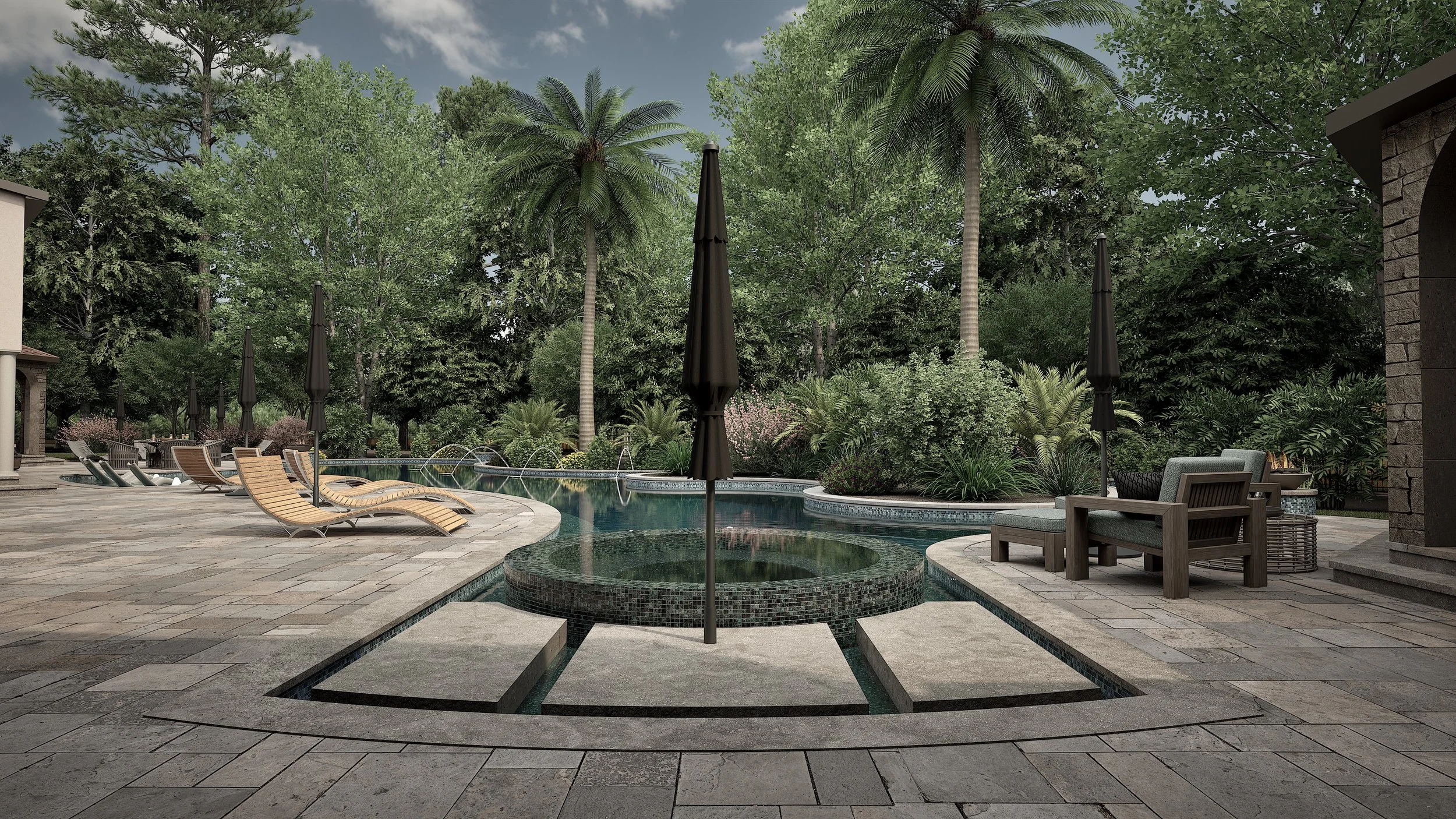 Backyard pool area with lounge chairs, umbrellas, and lush greenery including palm trees and bushes, under a partly cloudy sky.