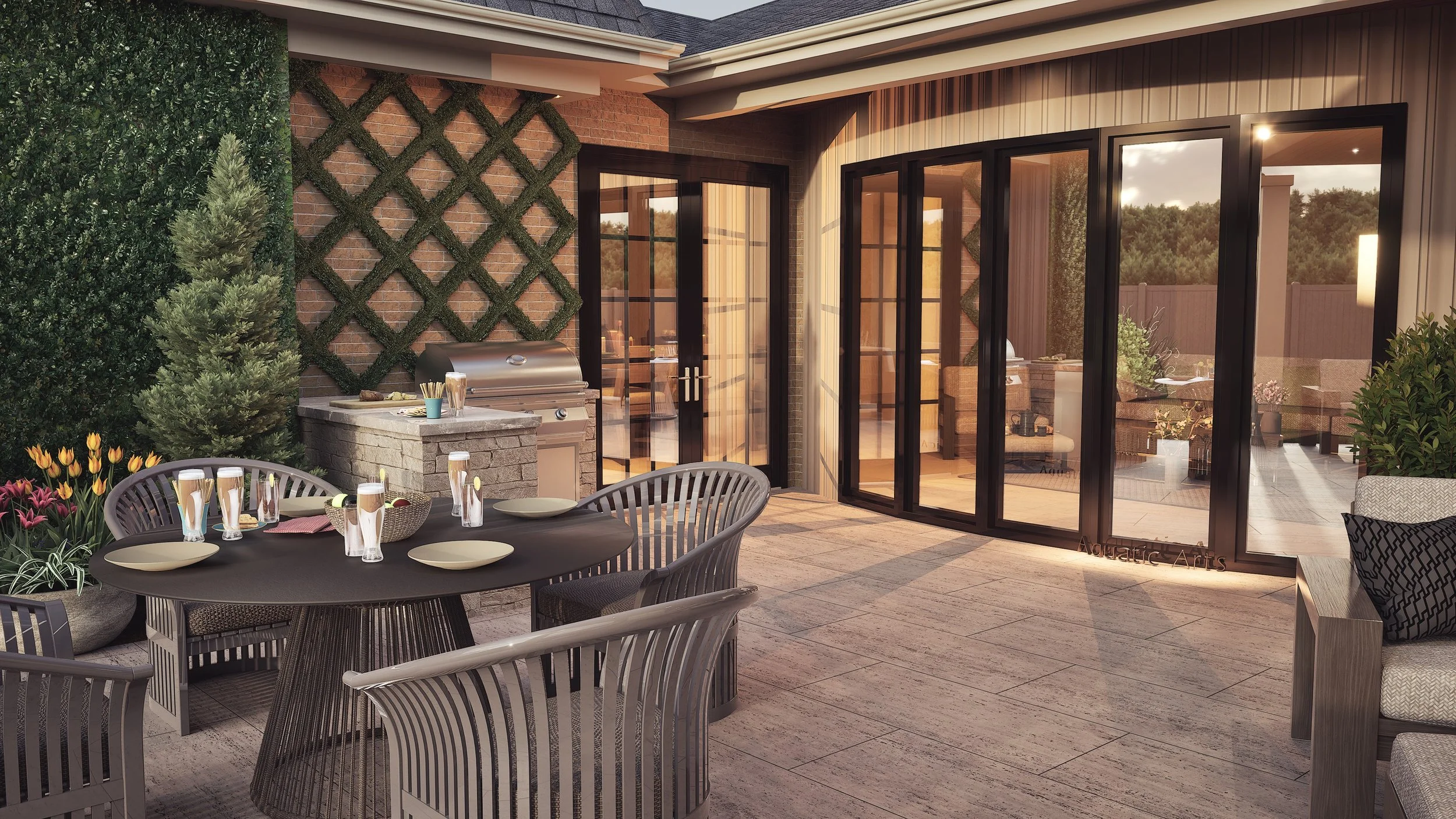 An outdoor patio with a round dining table set with five glasses of beer, four plates, and cutlery, surrounded by modern chairs, with a grill, plants, and a sliding glass door leading to an indoor living space, during sunset.