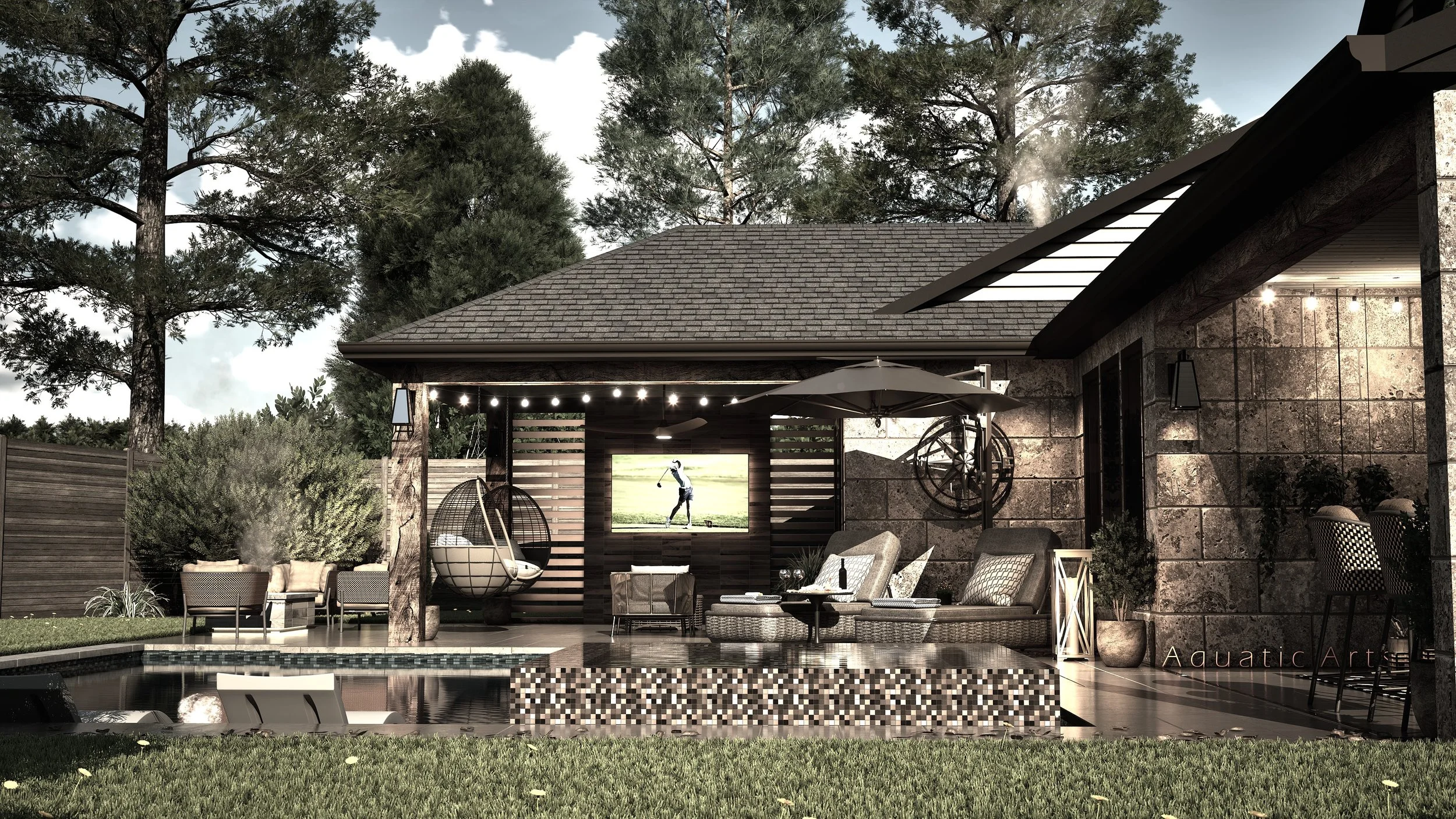 Contemporary backyard patio with pool, outdoor seating, hanging egg chair, gazebo, and large TV, surrounded by trees and wooden fencing.