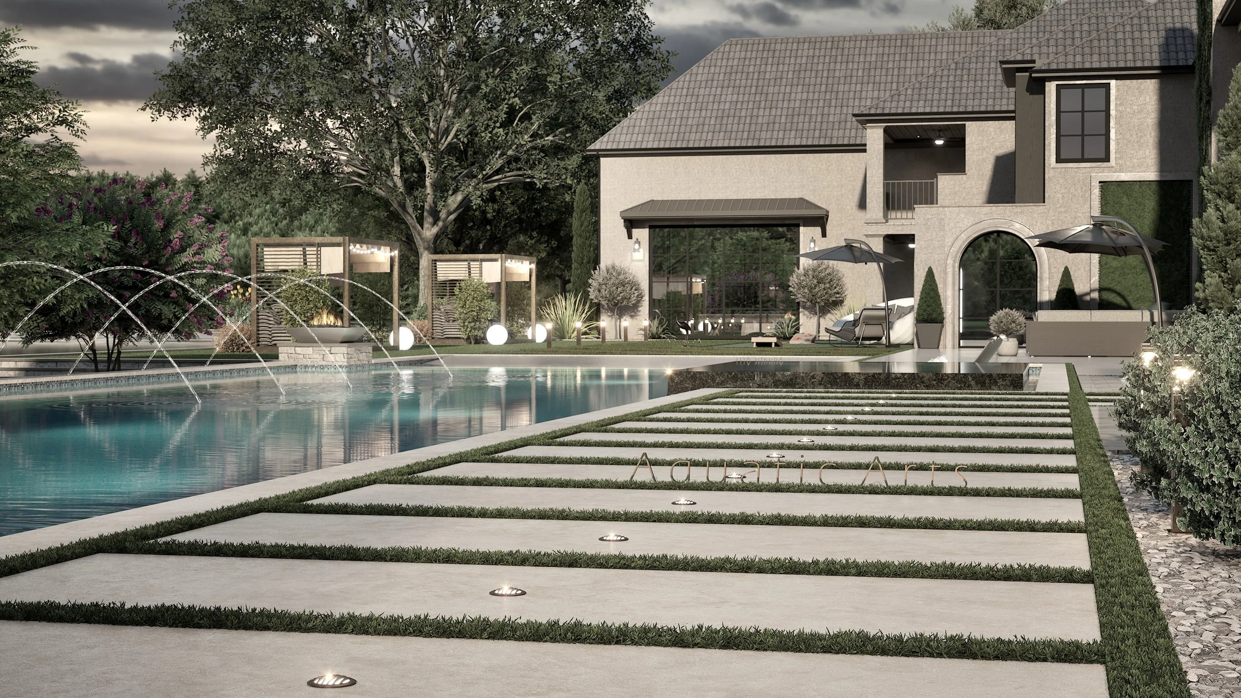 Modern backyard with swimming pool, water fountain jets, outdoor seating, trees, and a large house with a balcony, patio, and landscaped yard at dusk.