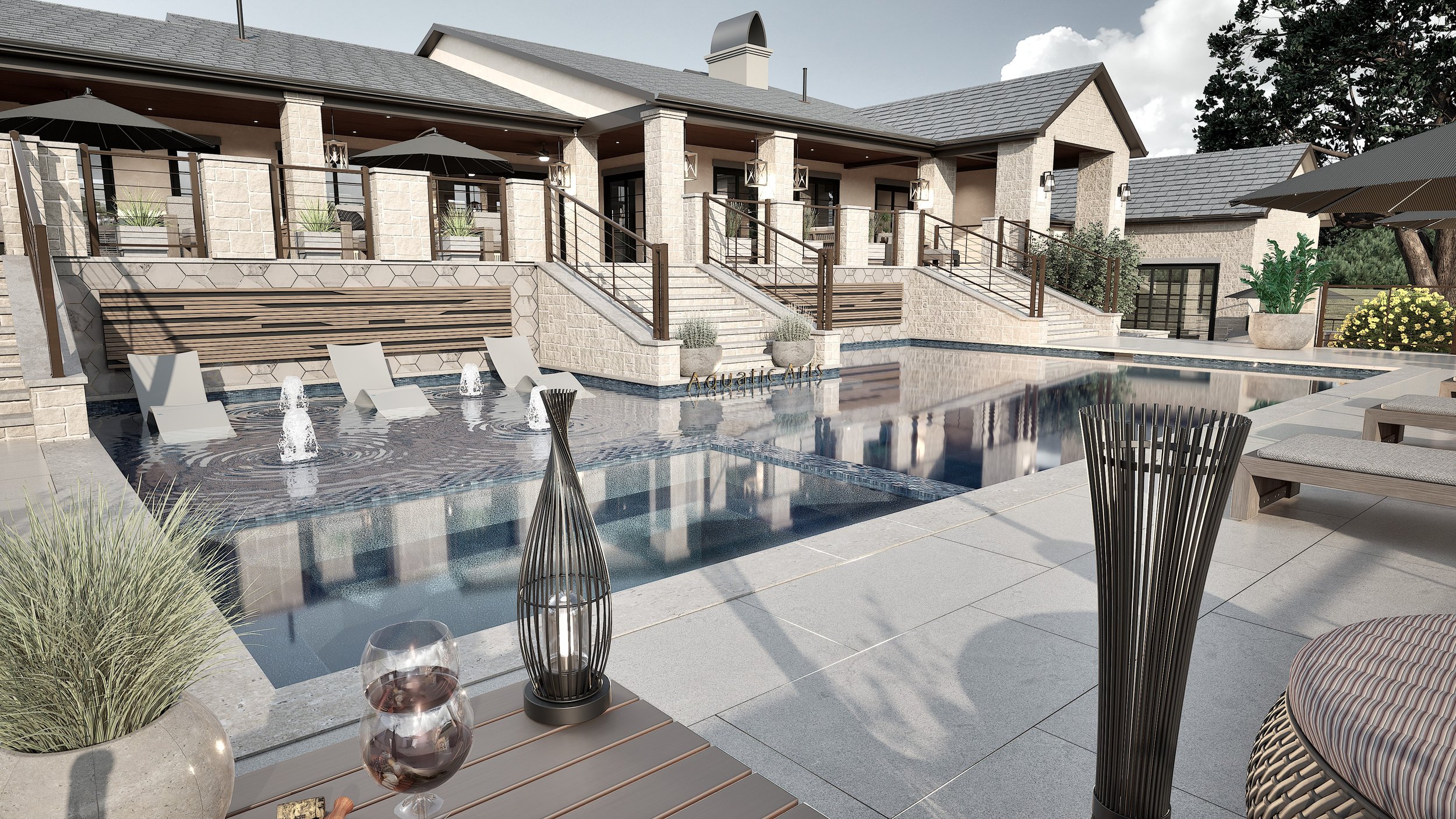 Luxury outdoor pool area with lounge chairs, umbrellas, and a modern house in the background. The pool has water features, and there are decorative plants and outdoor furniture around.