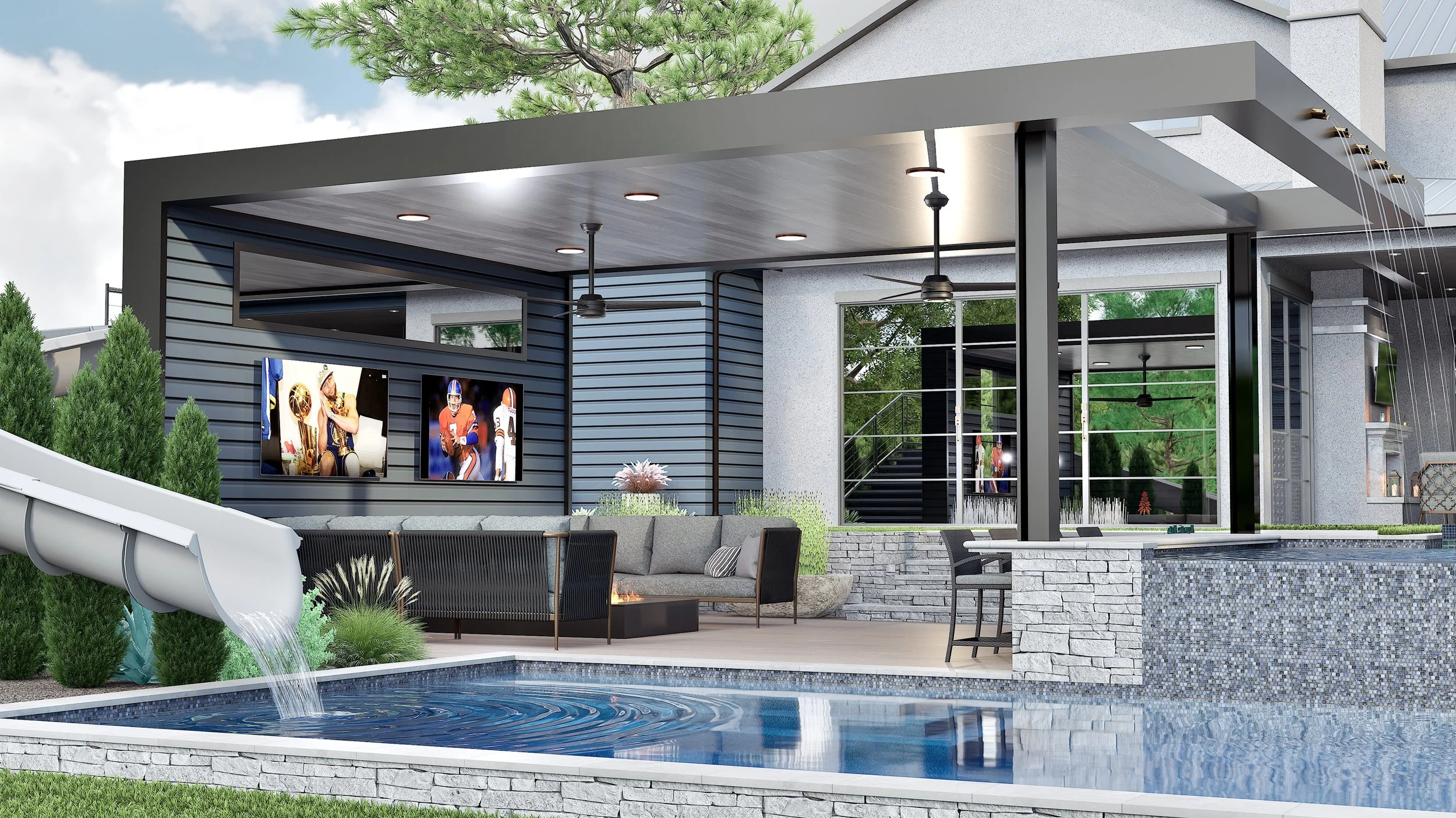 Modern backyard with a pool, outdoor seating area with TV, water slide, and water fountain, surrounded by greenery and trees.