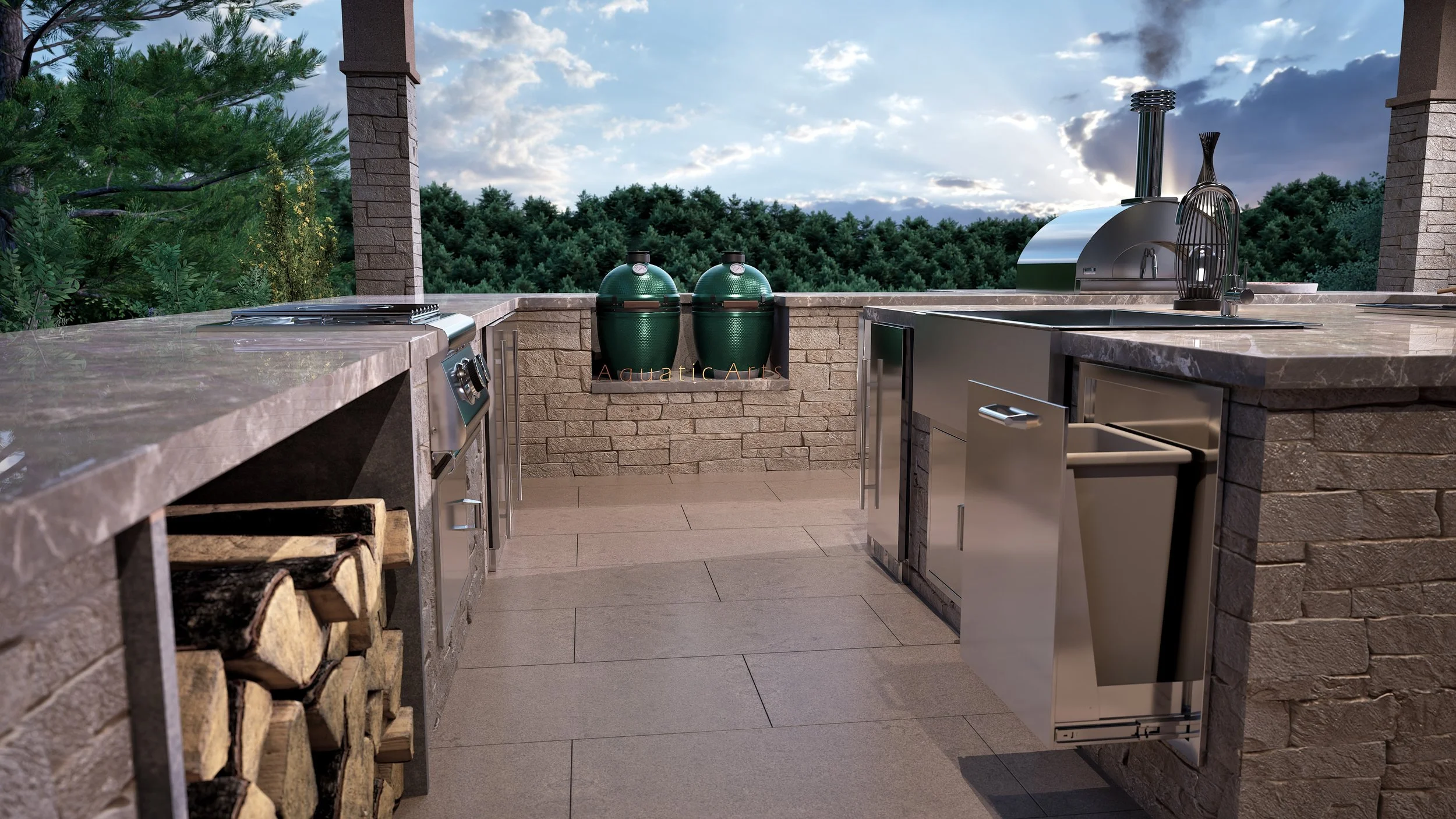 Outdoor kitchen with stone countertops and brick accents, featuring a wood storage area, a grill, and smokers, set against a backdrop of trees and a partly cloudy sky.