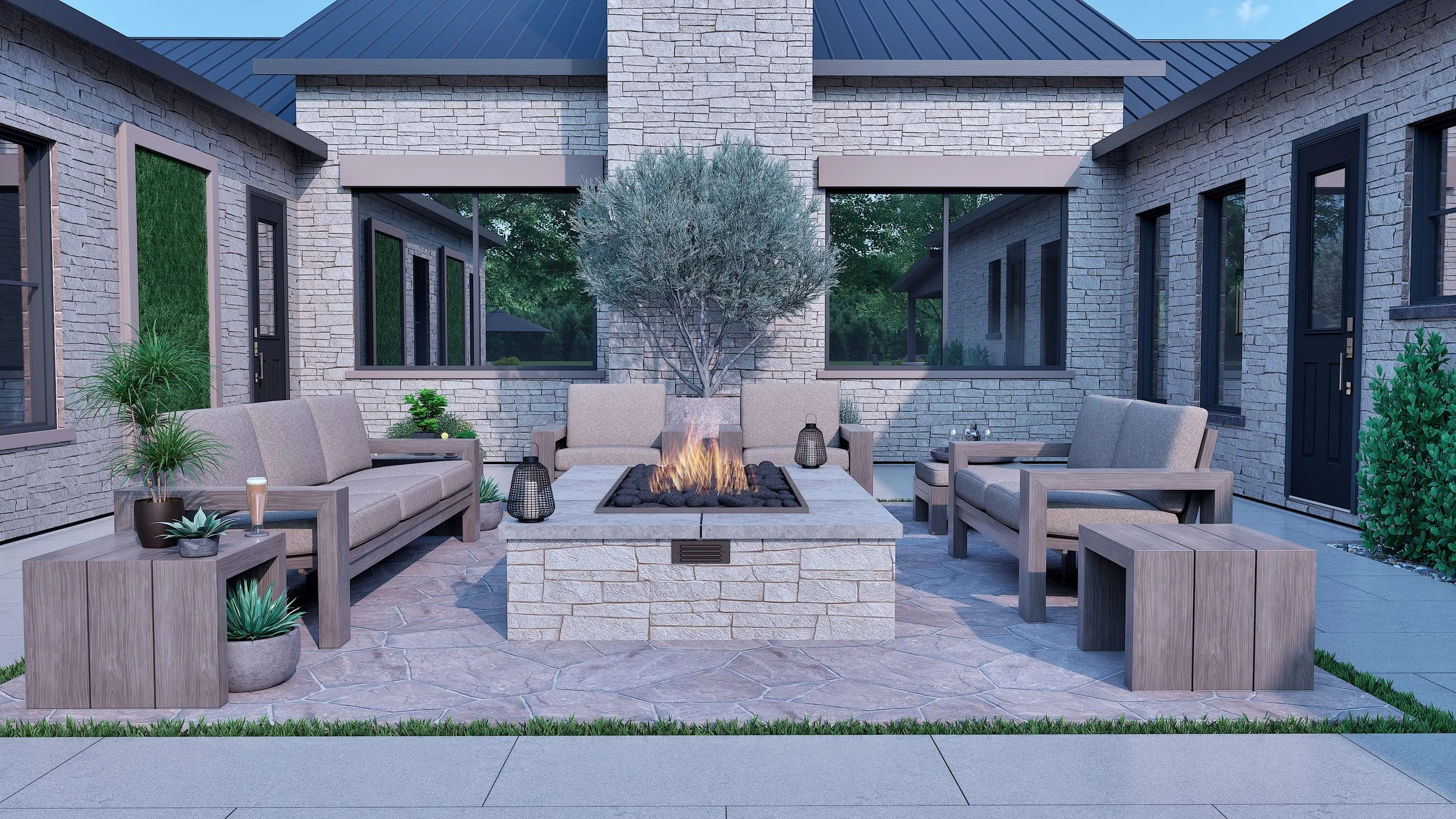 Outdoor patio with a fire pit, surrounded by beige and gray furniture, potted plants, and lit with lanterns, enclosed by a brick wall with windows and doors.