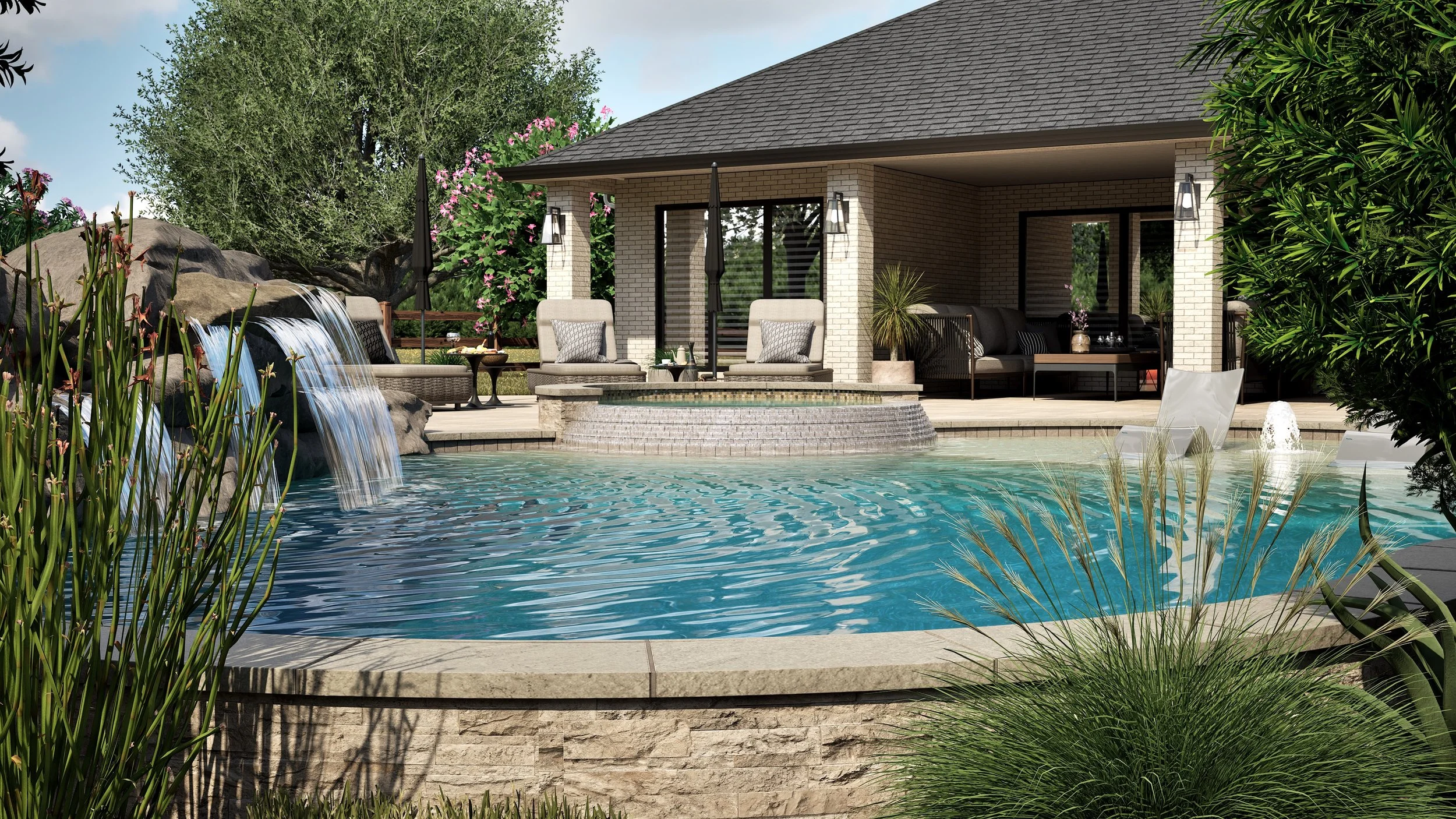 A backyard with a swimming pool, waterfall feature, lounge chairs, an outdoor house with sitting area, surrounded by greenery and flowers.
