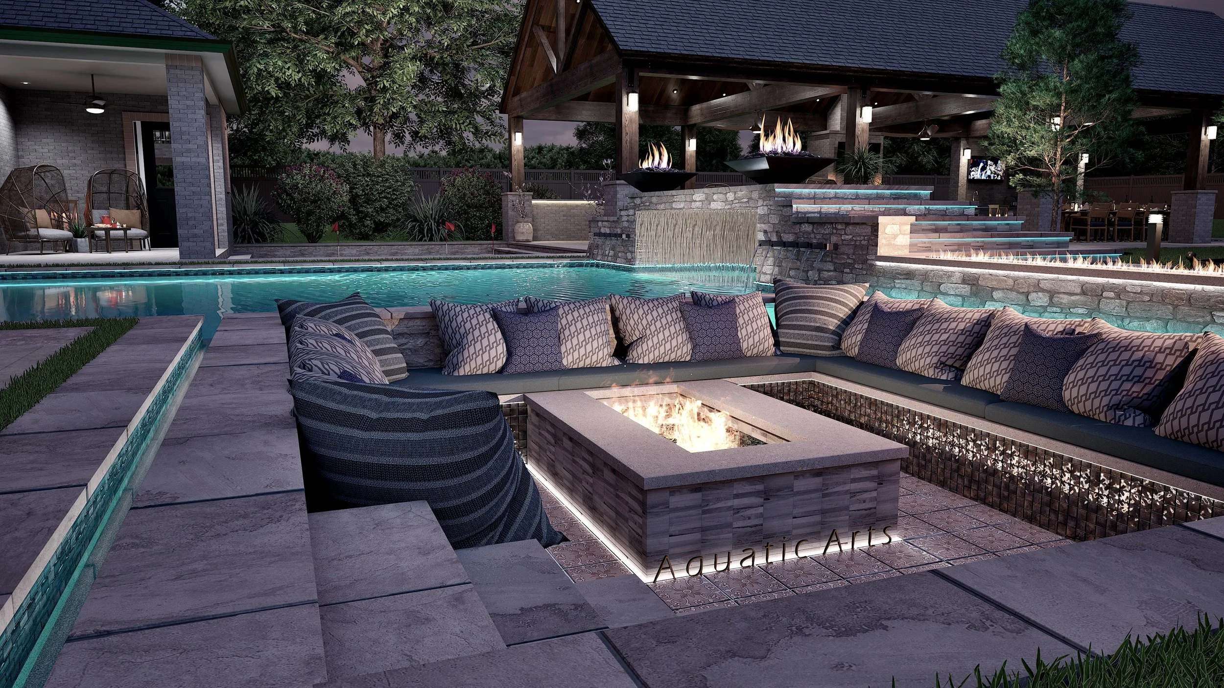 Luxury outdoor backyard with a pool, fire pit, a covered pavilion, and surrounding lush landscaping at dusk.