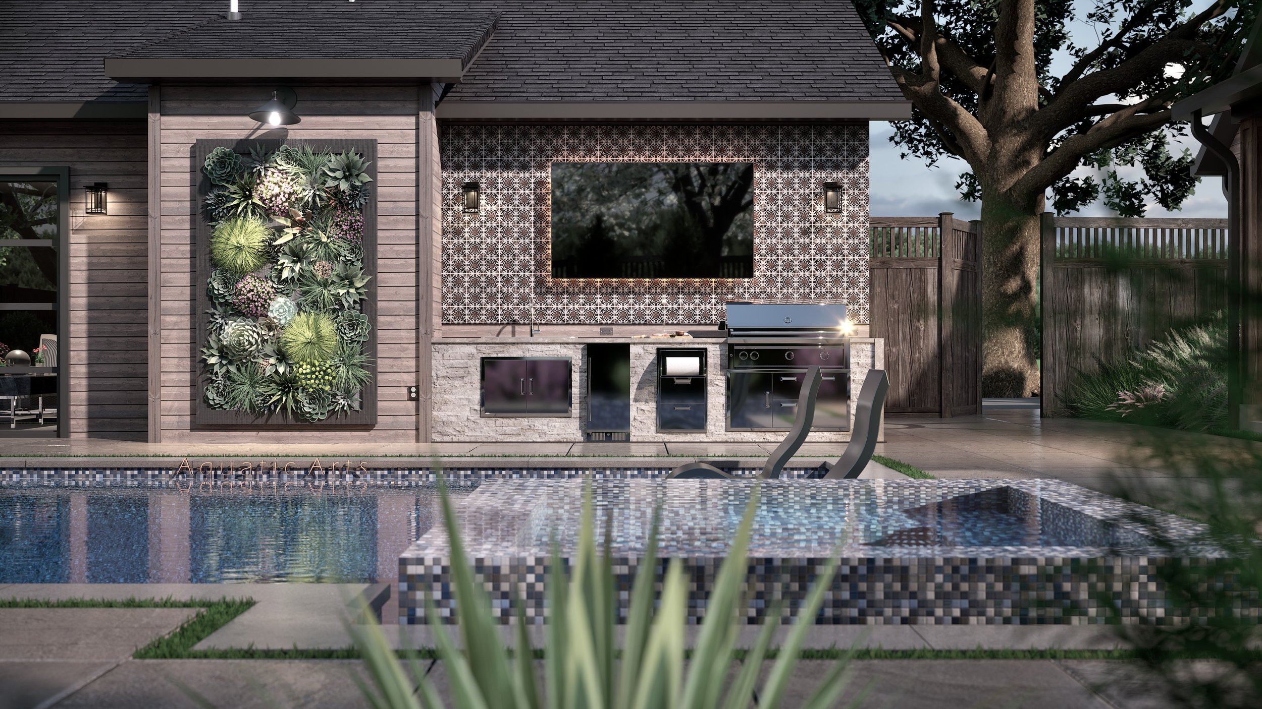 Outdoor patio area with a swimming pool, built-in grill, a large television on a patterned wall, and surrounding trees and fencing.