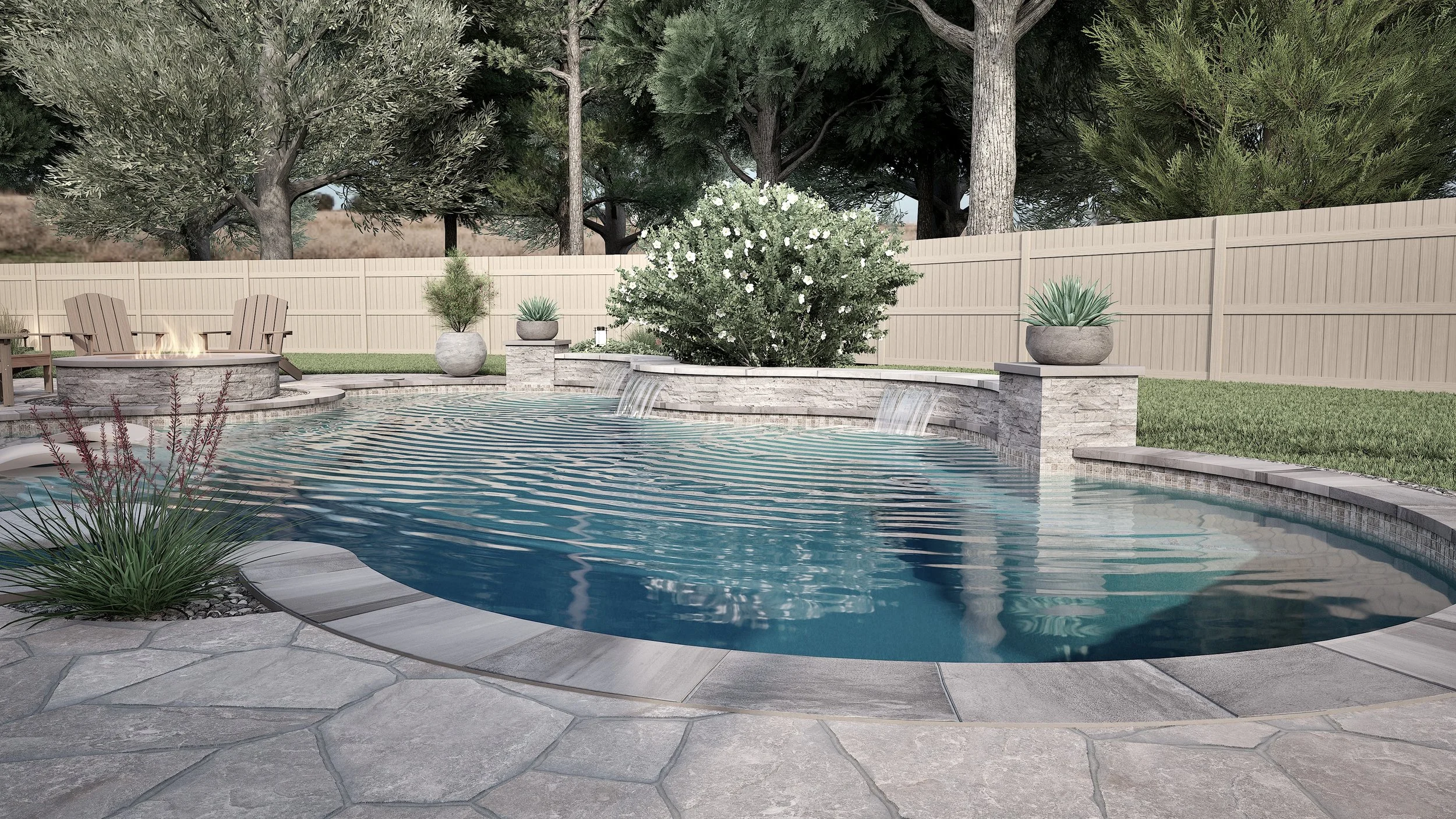Backyard with a swimming pool, stone patio, surrounded by plants, trees, potted succulents, a garden bed with white flowers, a beige fence, and Adirondack chairs with a fire pit.