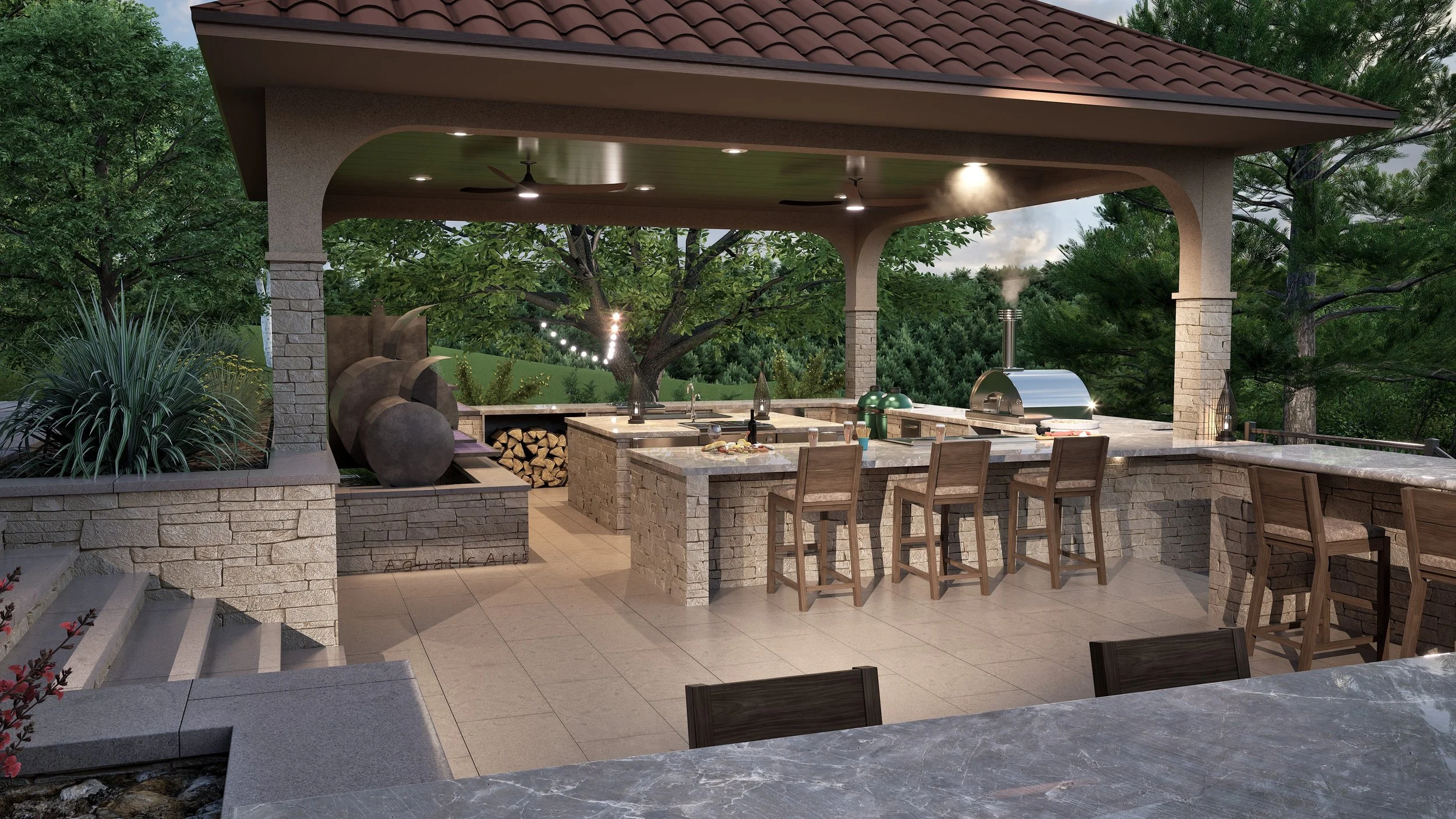 An outdoor kitchen and bar area with a stone countertop under a roof, featuring a built-in grill, a pizza oven, and barstools. There are trees and string lights in the background.