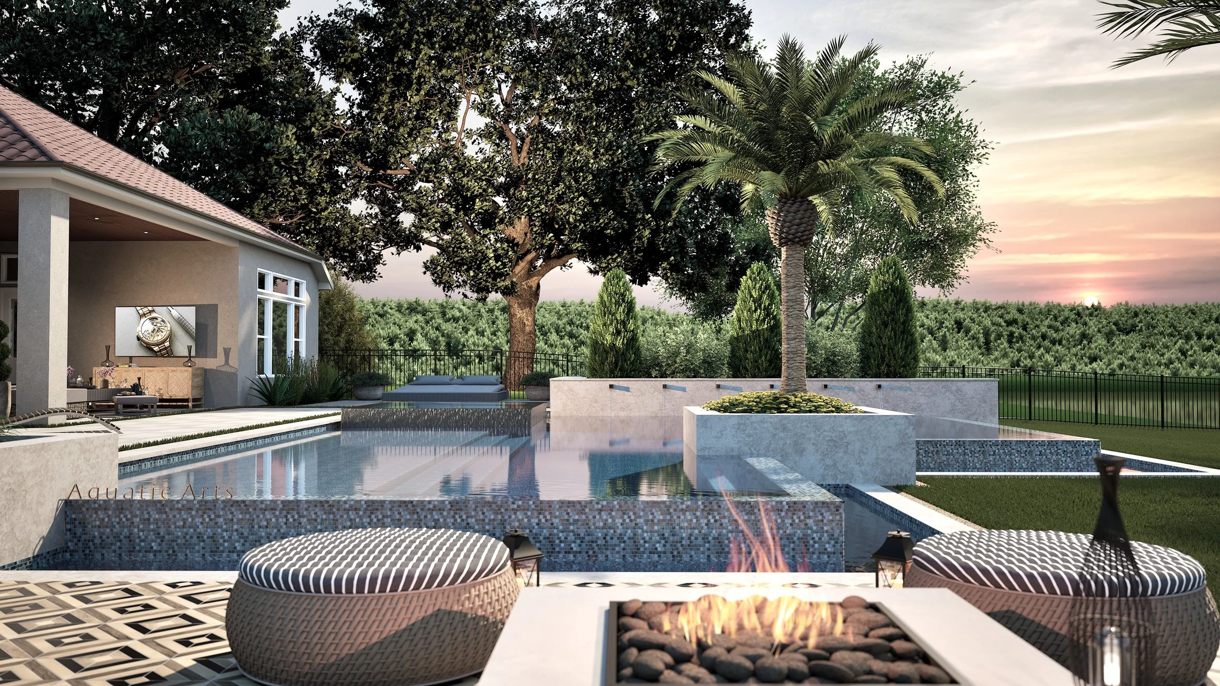 A modern backyard with a swimming pool, lounge chairs, a fire pit, and lush trees at sunset.